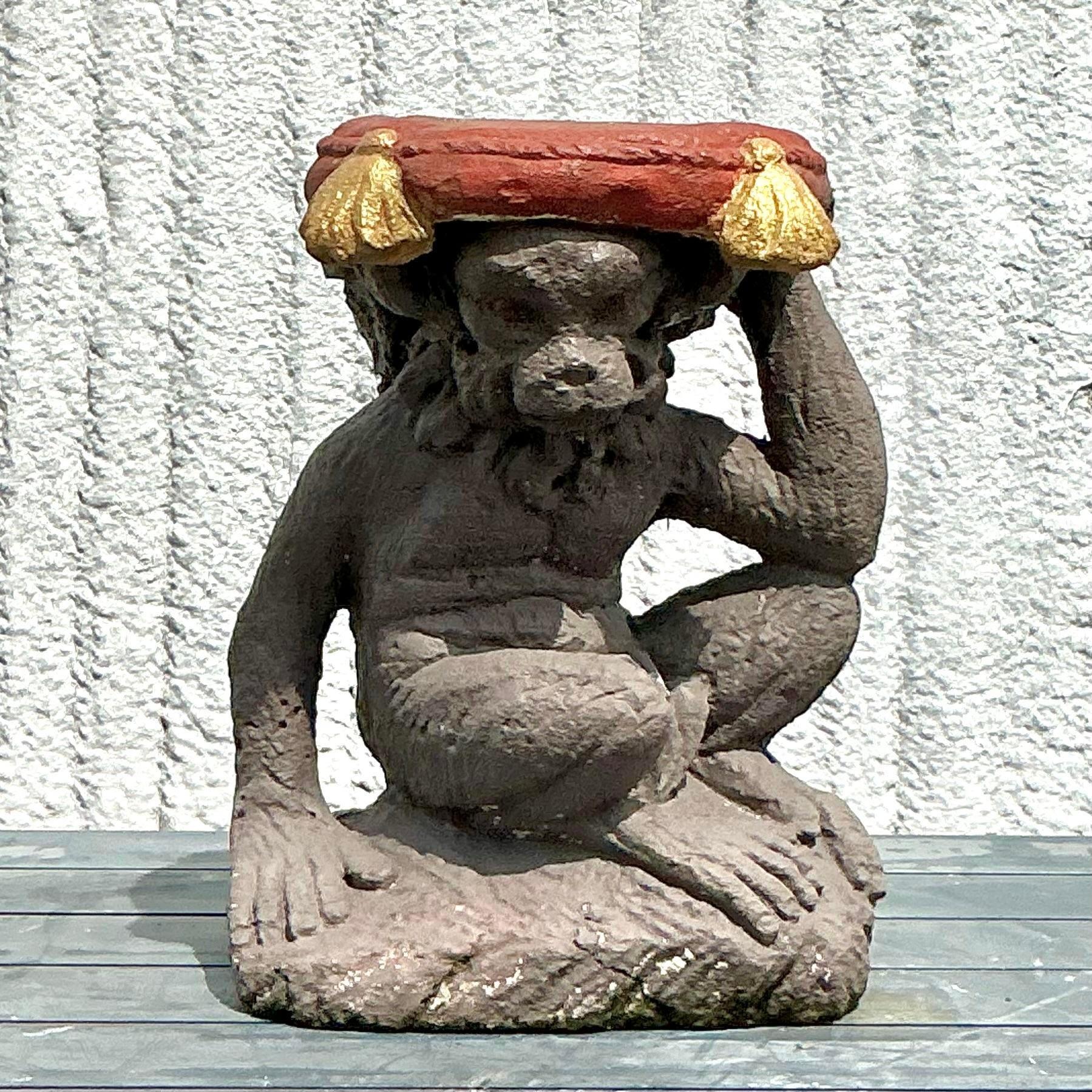 Vintage Boho Cast Concrete Monkey Low Stool For Sale 1