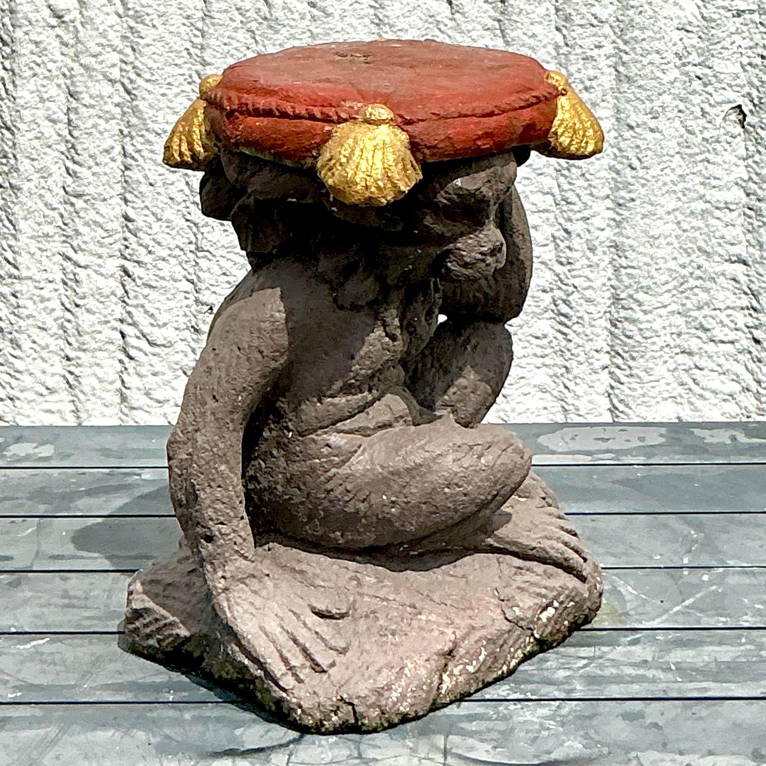 Vintage Boho Cast Concrete Monkey Low Stool For Sale 2