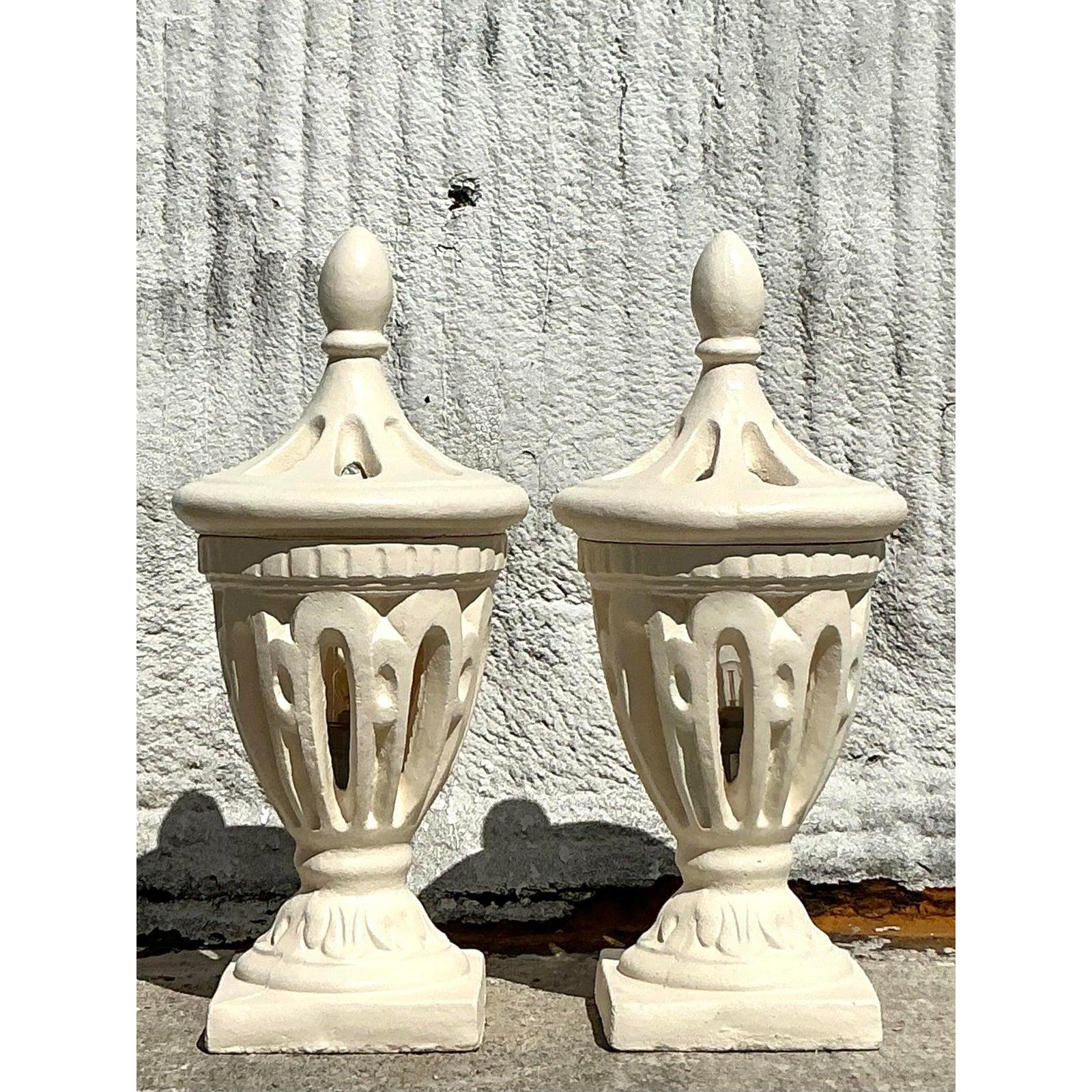 Vintage Boho Cast Concrete Outdoor Lanterns - A Pair In Good Condition In West Palm Beach, FL