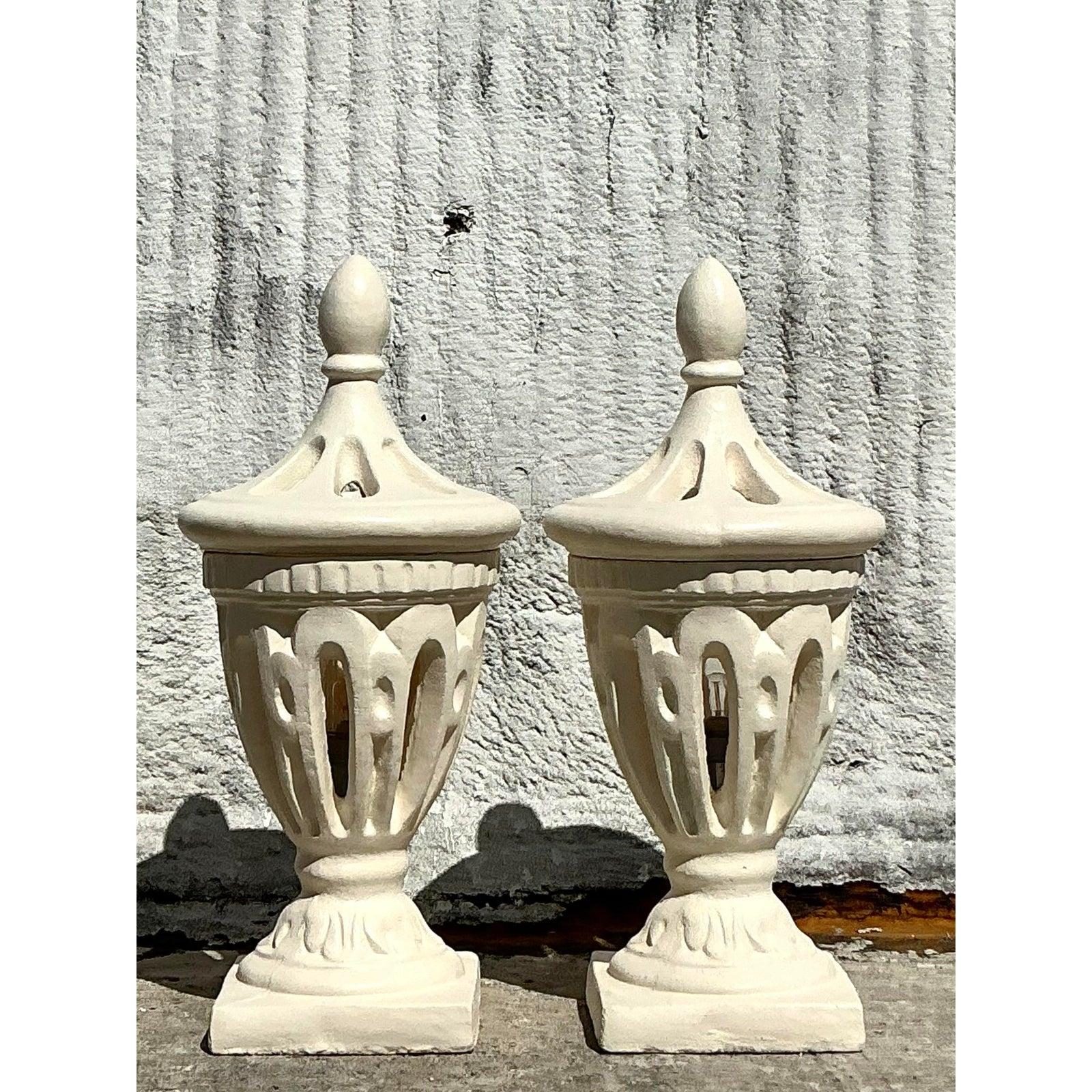 Contemporary Vintage Boho Cast Concrete Outdoor Lanterns - A Pair
