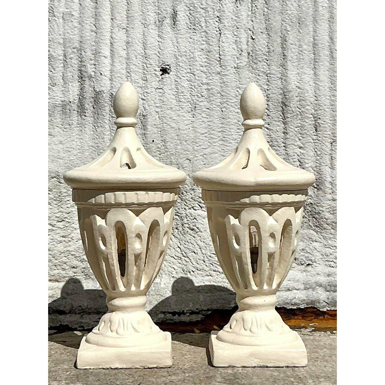 Metal Vintage Boho Cast Concrete Outdoor Lanterns - A Pair