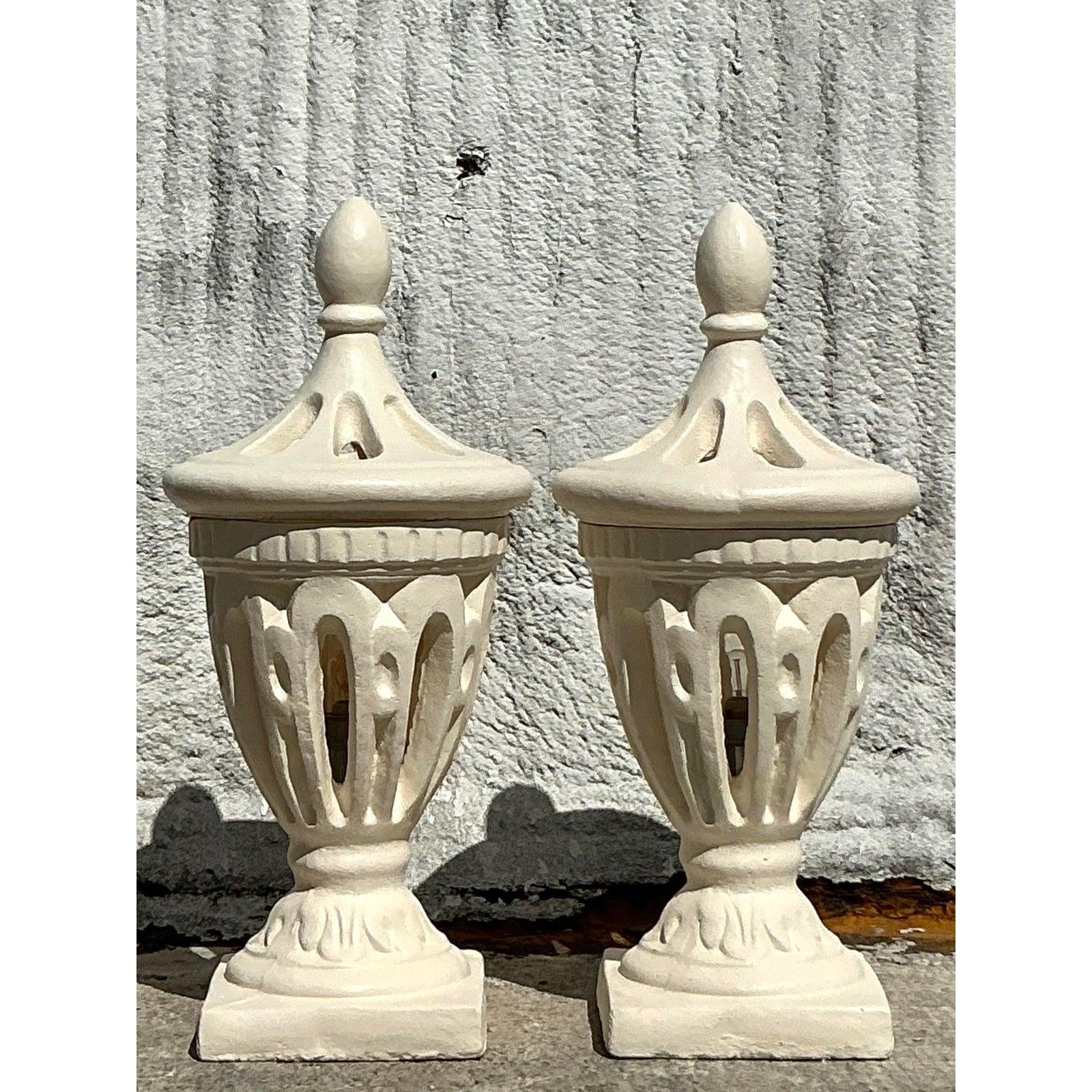 Vintage Boho Cast Concrete Outdoor Lanterns - A Pair 1