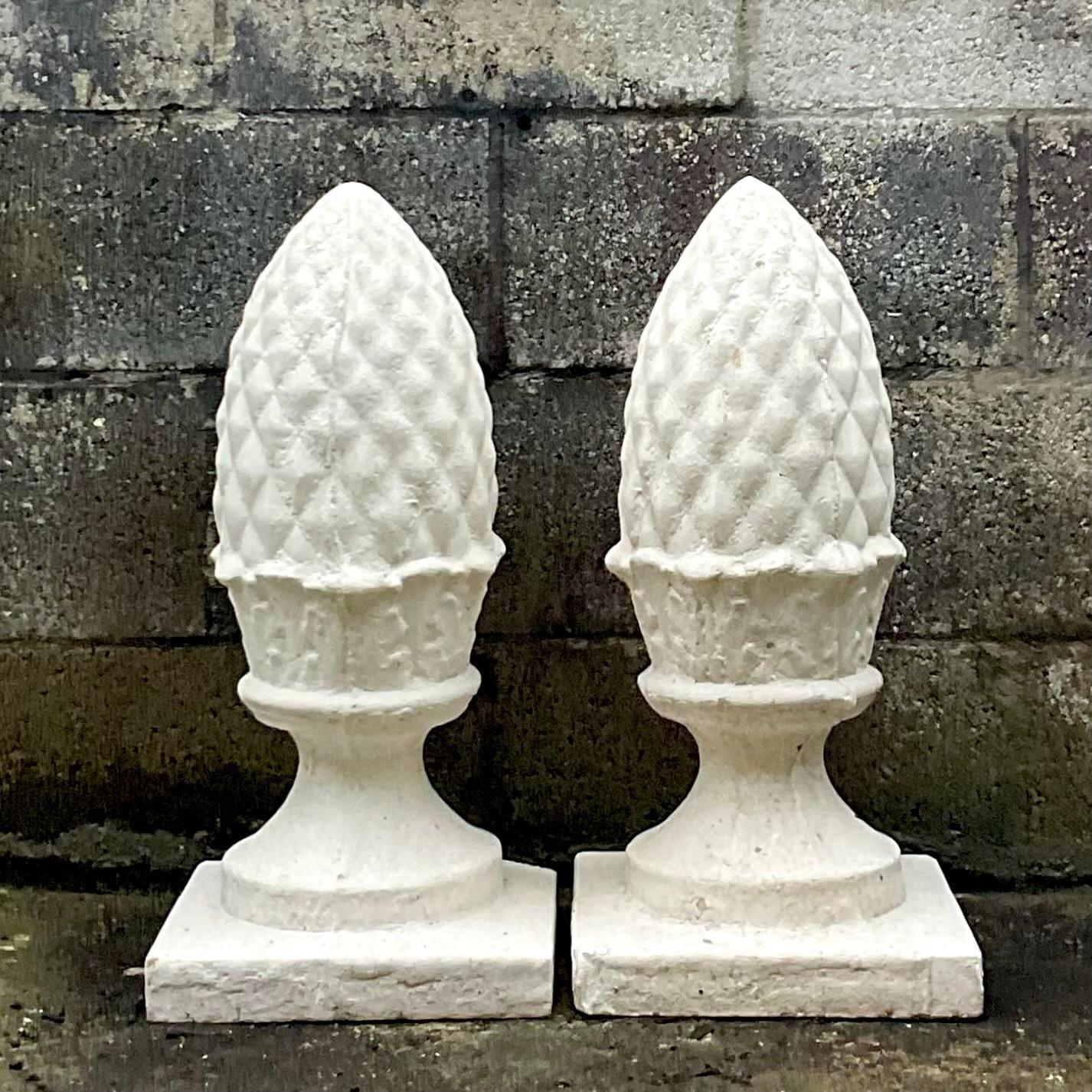Vintage Boho Cast Concrete Pineapples - a Pair In Good Condition For Sale In west palm beach, FL