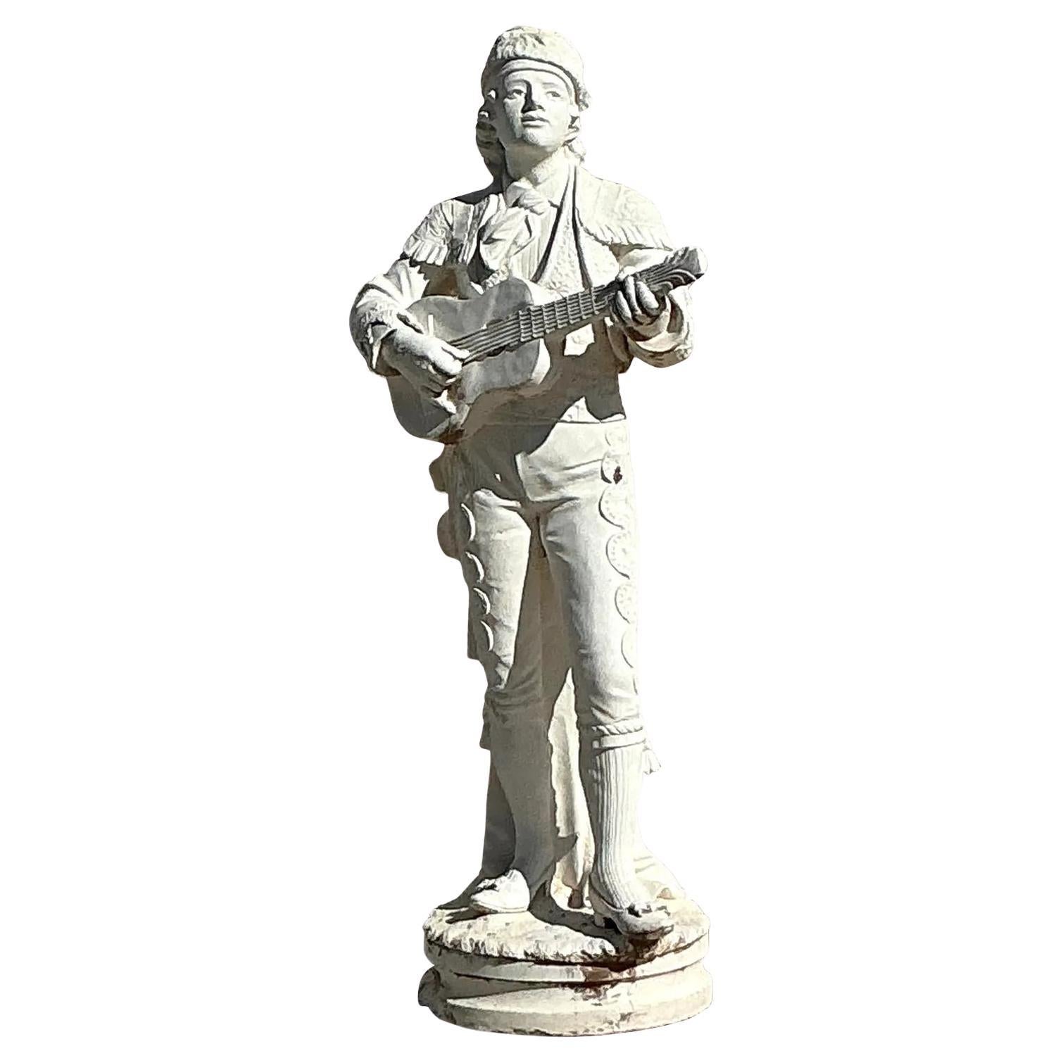 Vintage Boho Gussbeton Statue von Gitarrenspieler