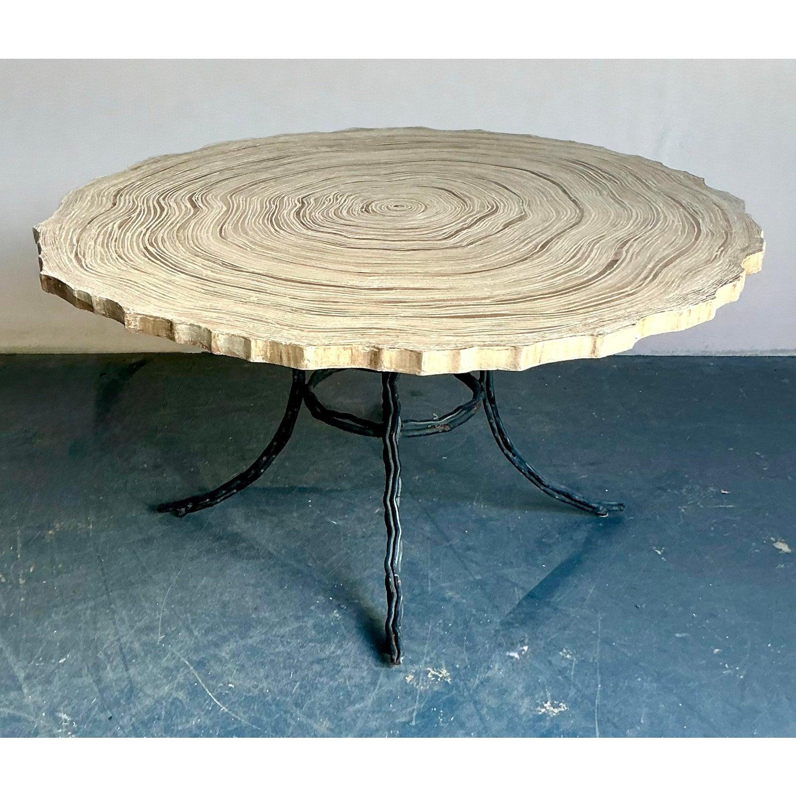 Vintage Boho Cast Concrete Tree Slab Table In Good Condition For Sale In West Palm Beach, FL