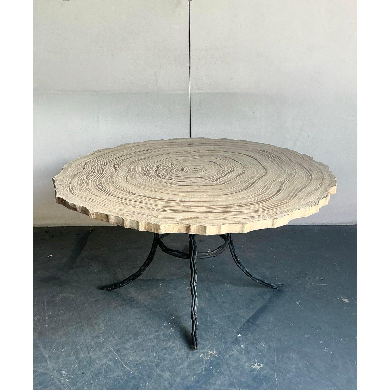 Metal Vintage Boho Cast Concrete Tree Slab Table For Sale