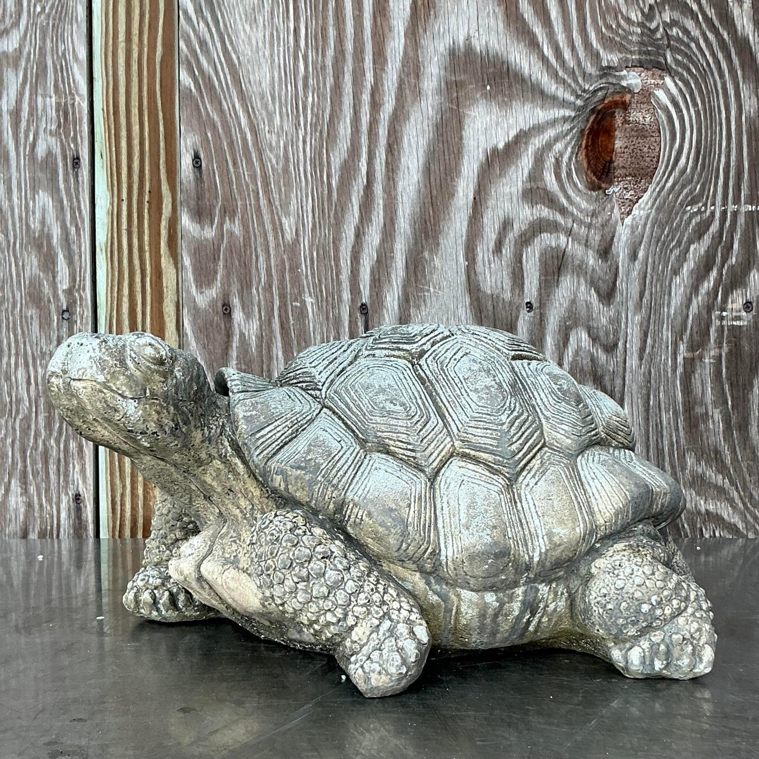 Vintage Boho Cast Concrete Turtle Statue For Sale at 1stDibs