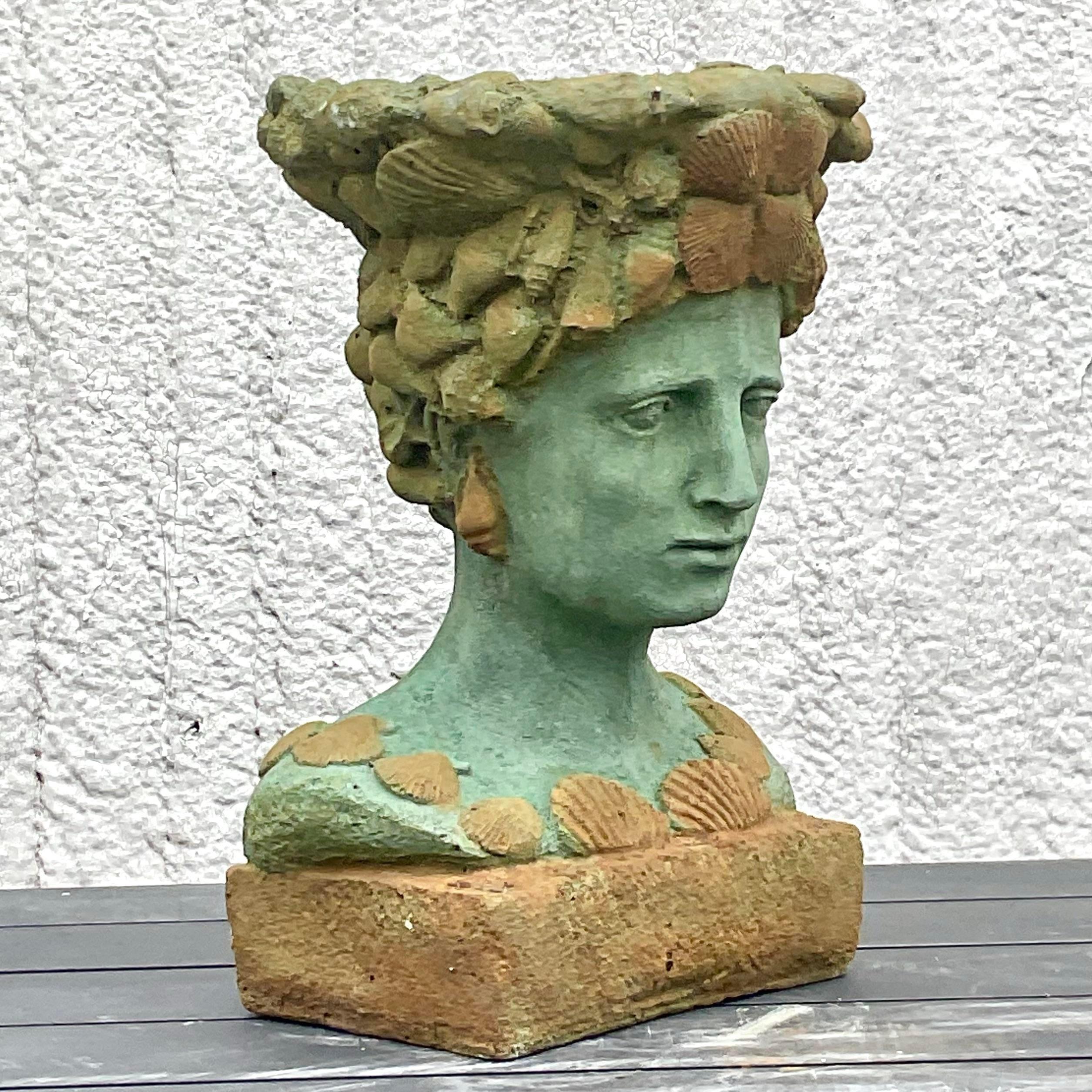 American Vintage Boho Cast Concrete Woman in Shells Planter