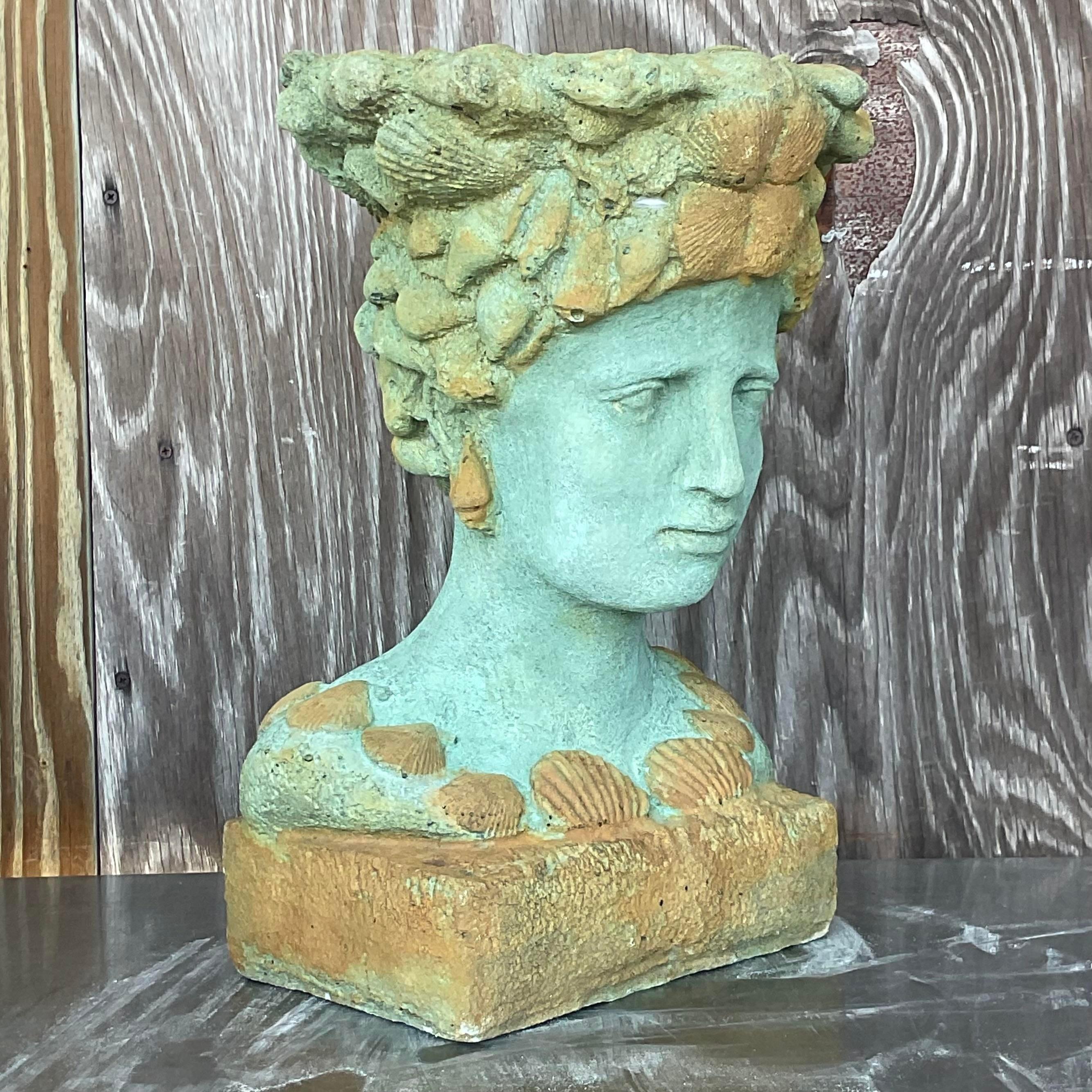 Vintage Boho Cast Concrete Woman in Shells Planter In Good Condition For Sale In west palm beach, FL