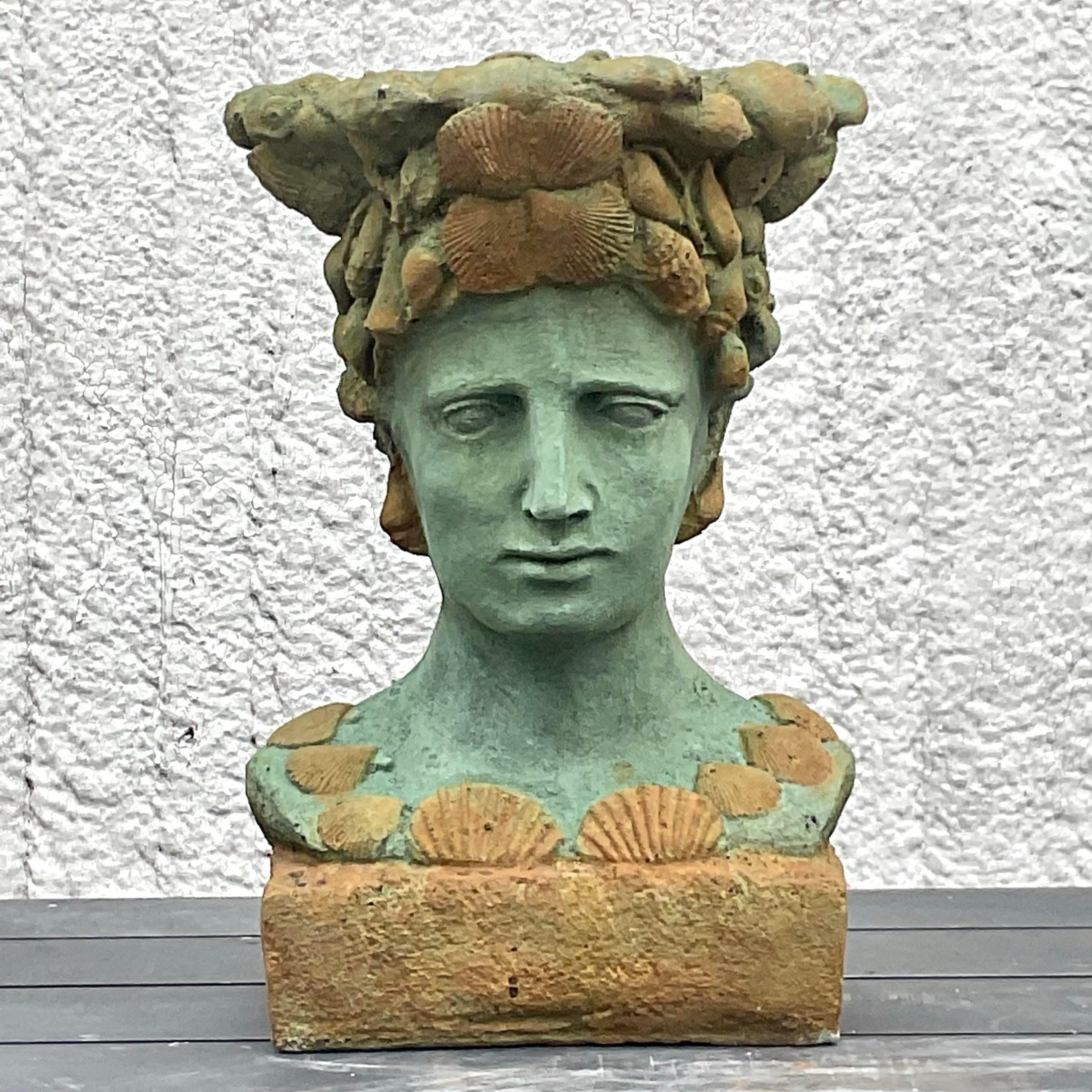 Vintage Boho Cast Concrete Woman in Shells Planter In Good Condition In west palm beach, FL