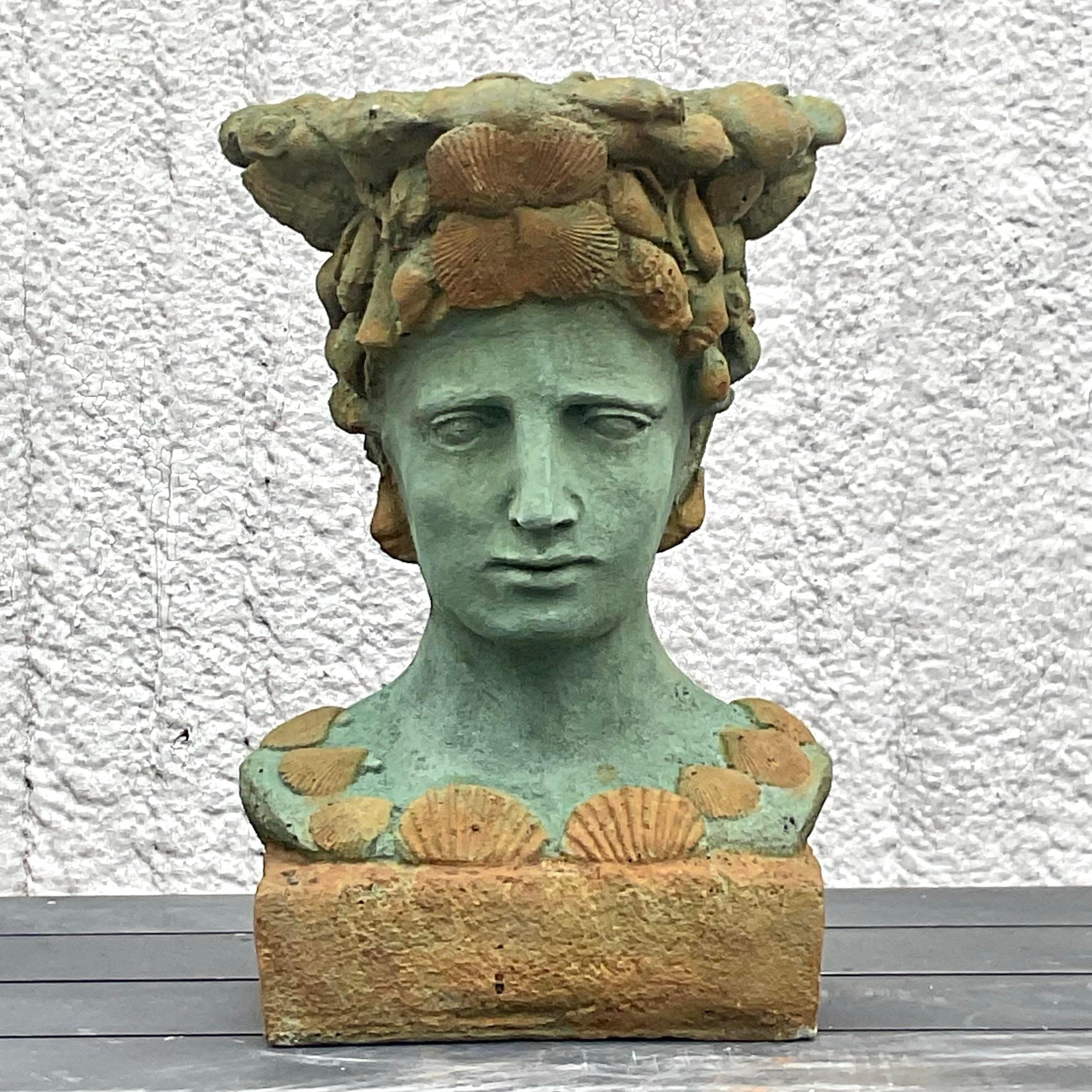 Vintage Boho Cast Concrete Woman in Shells Planter 1