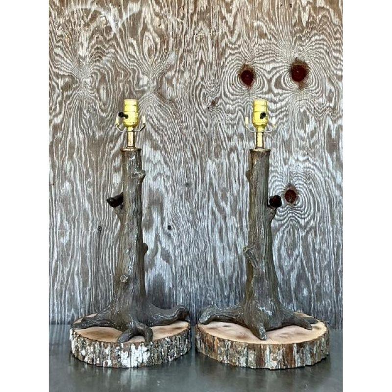Vintage Boho Cast Iron Bird in Tree Lamps - A Pair In Good Condition For Sale In West Palm Beach, FL