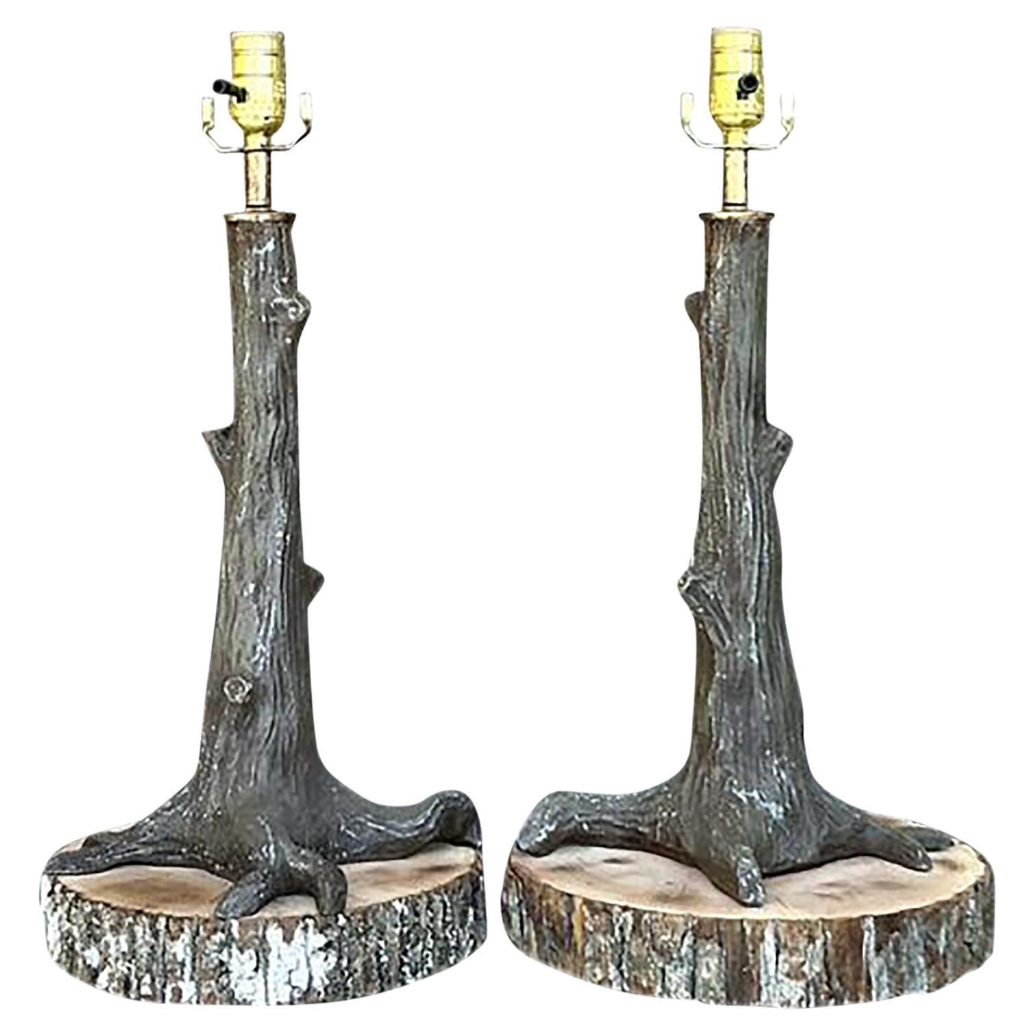 Vintage Boho Cast Iron Bird in Tree Lamps - A Pair For Sale