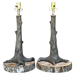 Paire de lampes Boho en fonte avec oiseau dans l'arbre