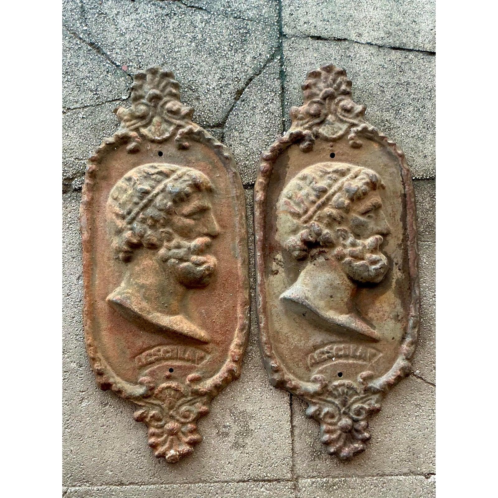 Placca di profilo di Asclepio in ghisa bohémien d'epoca - una coppia in vendita 1