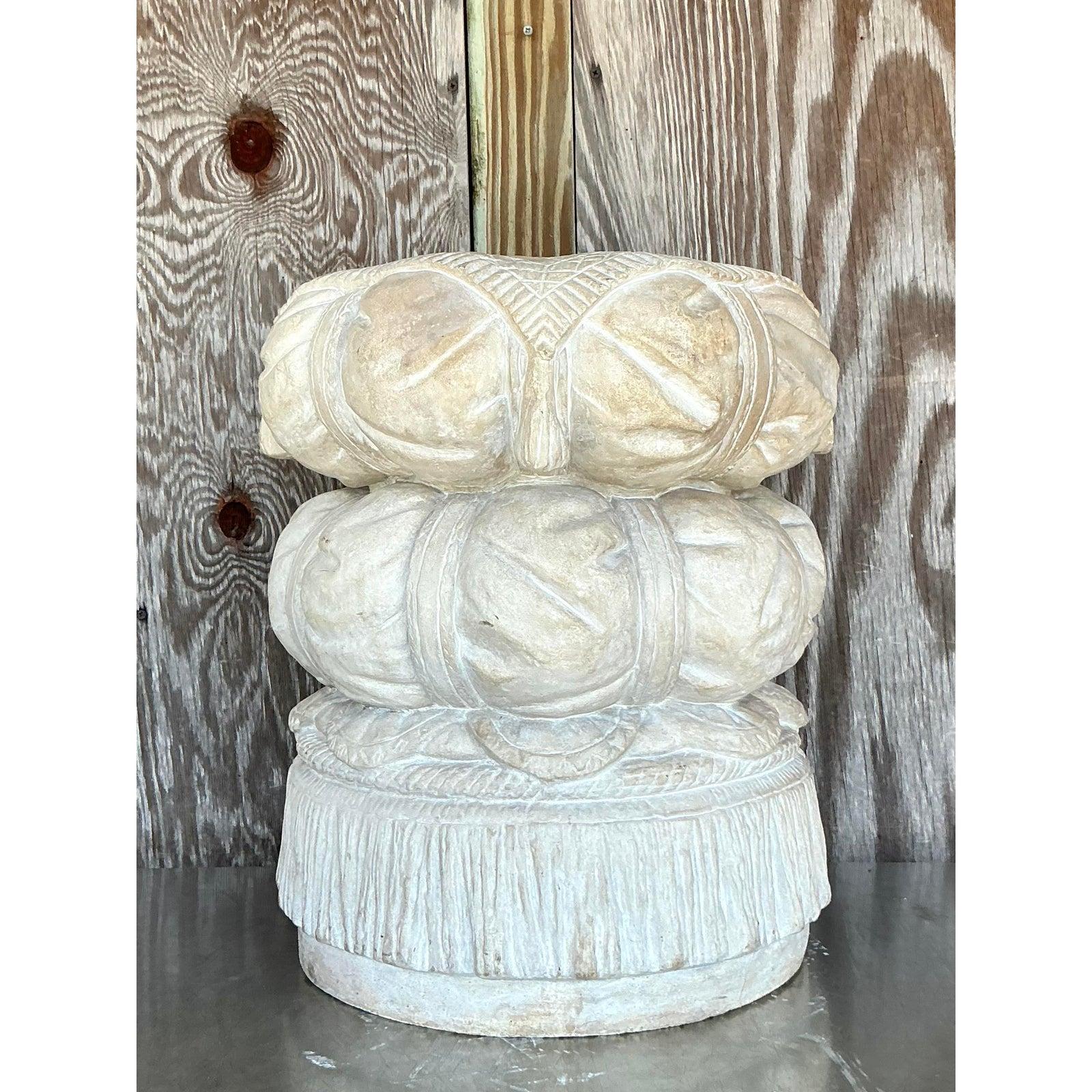 Vintage Boho Cast Plaster Swag Low Stool In Good Condition For Sale In west palm beach, FL