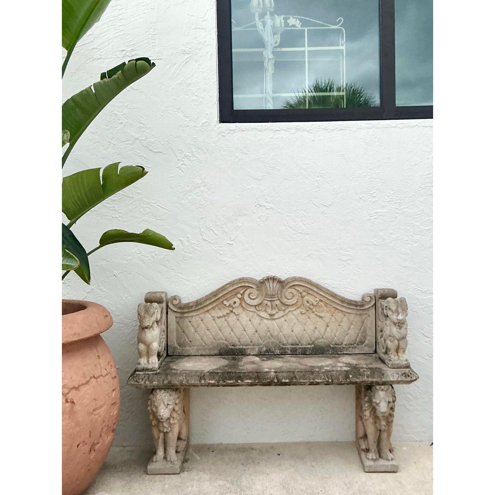 American Vintage Boho Cast Stone Bench For Sale