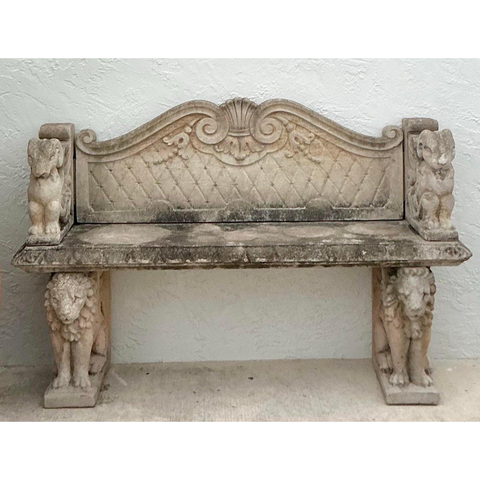Vintage Boho Cast Stone Bench In Good Condition For Sale In West Palm Beach, FL