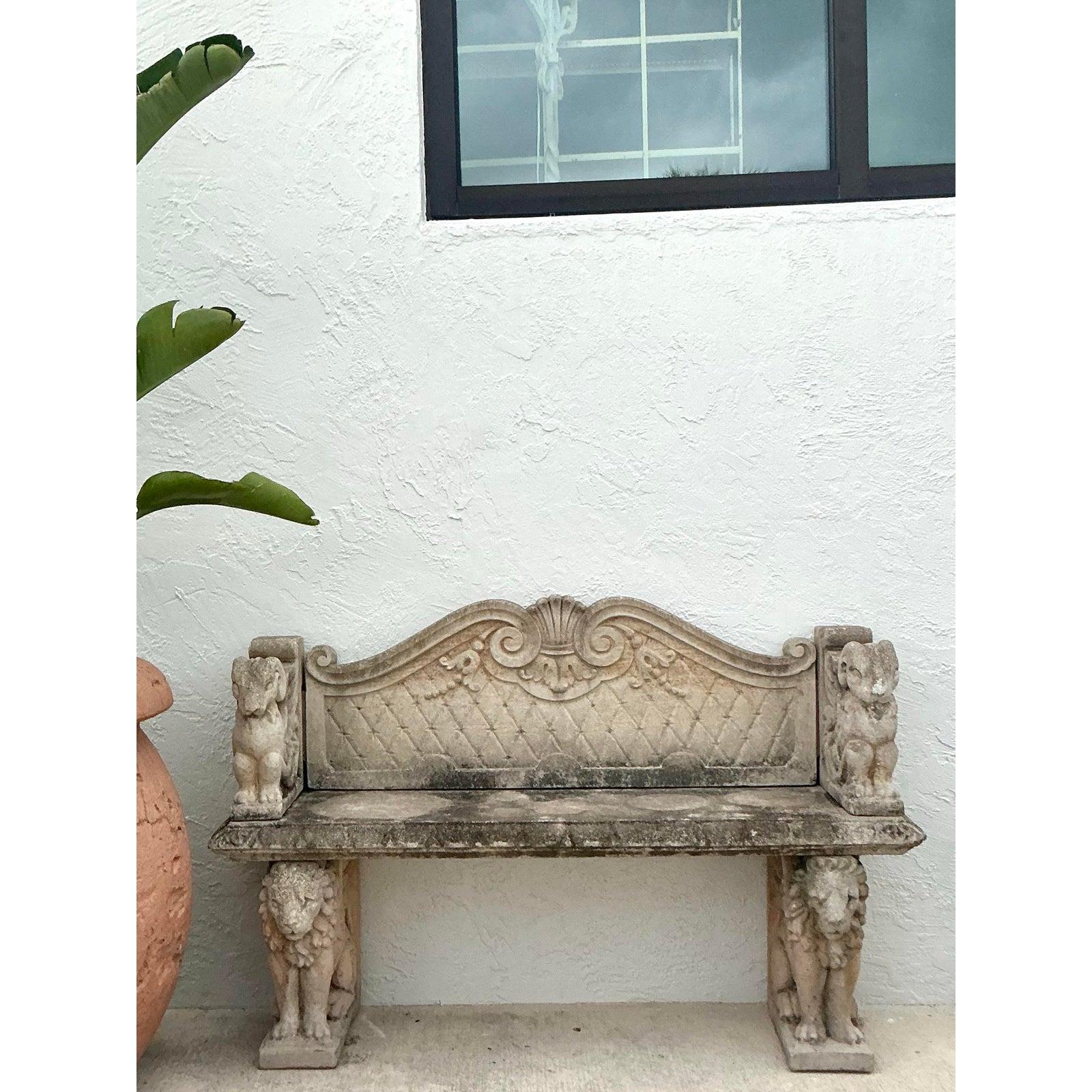 20th Century Vintage Boho Cast Stone Bench For Sale