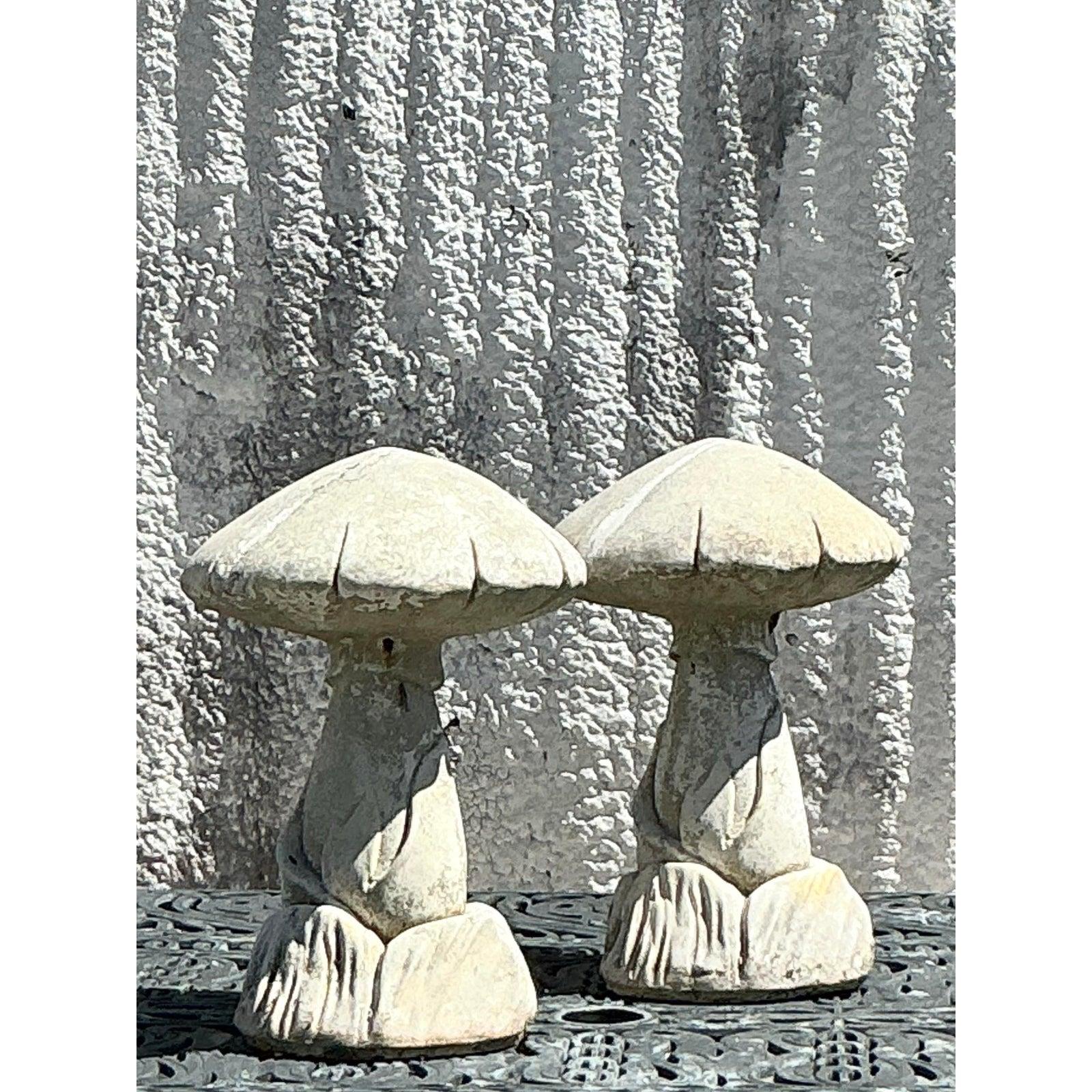 20th Century Vintage Boho Cast Stone Mushrooms - A Pair For Sale