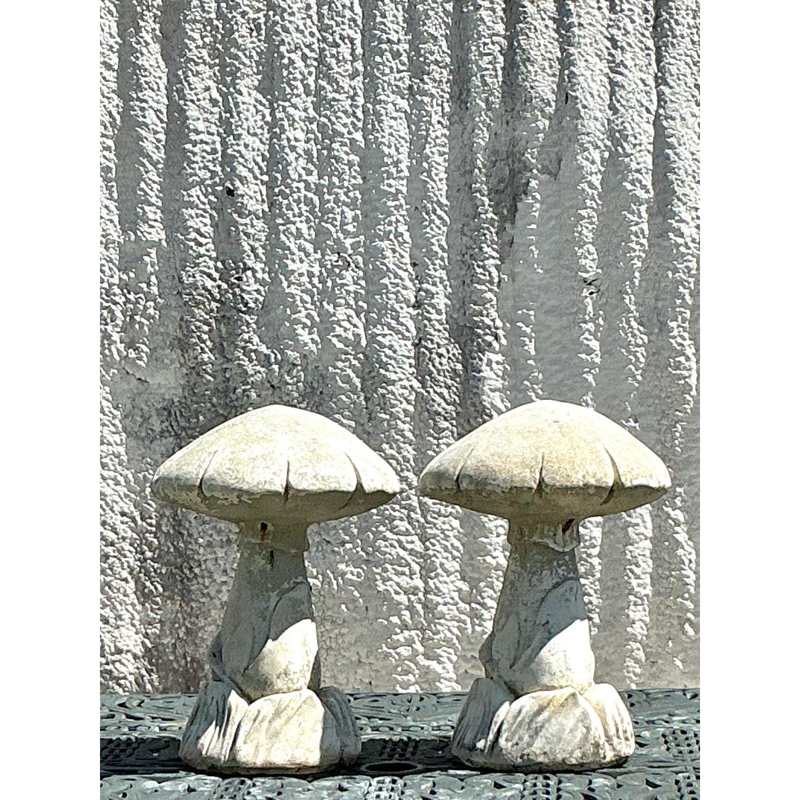 Vintage Boho Cast Stone Mushrooms - A Pair For Sale 2