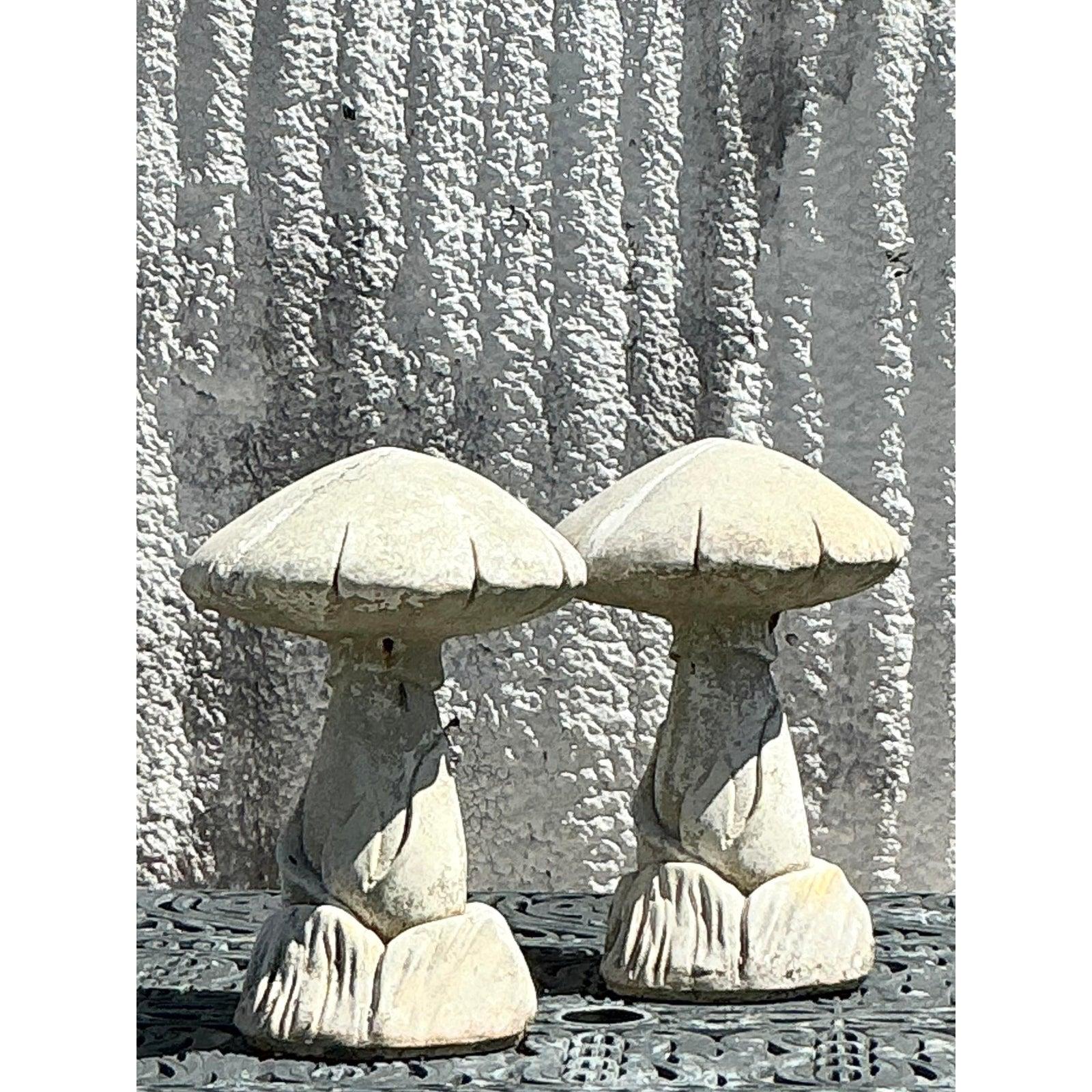 Vintage Boho Cast Stone Mushrooms - A Pair For Sale 3