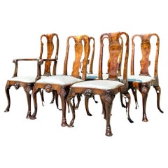 Vintage Boho Caved Chippendale a Burl Wood Dining Chairs - Set of 6