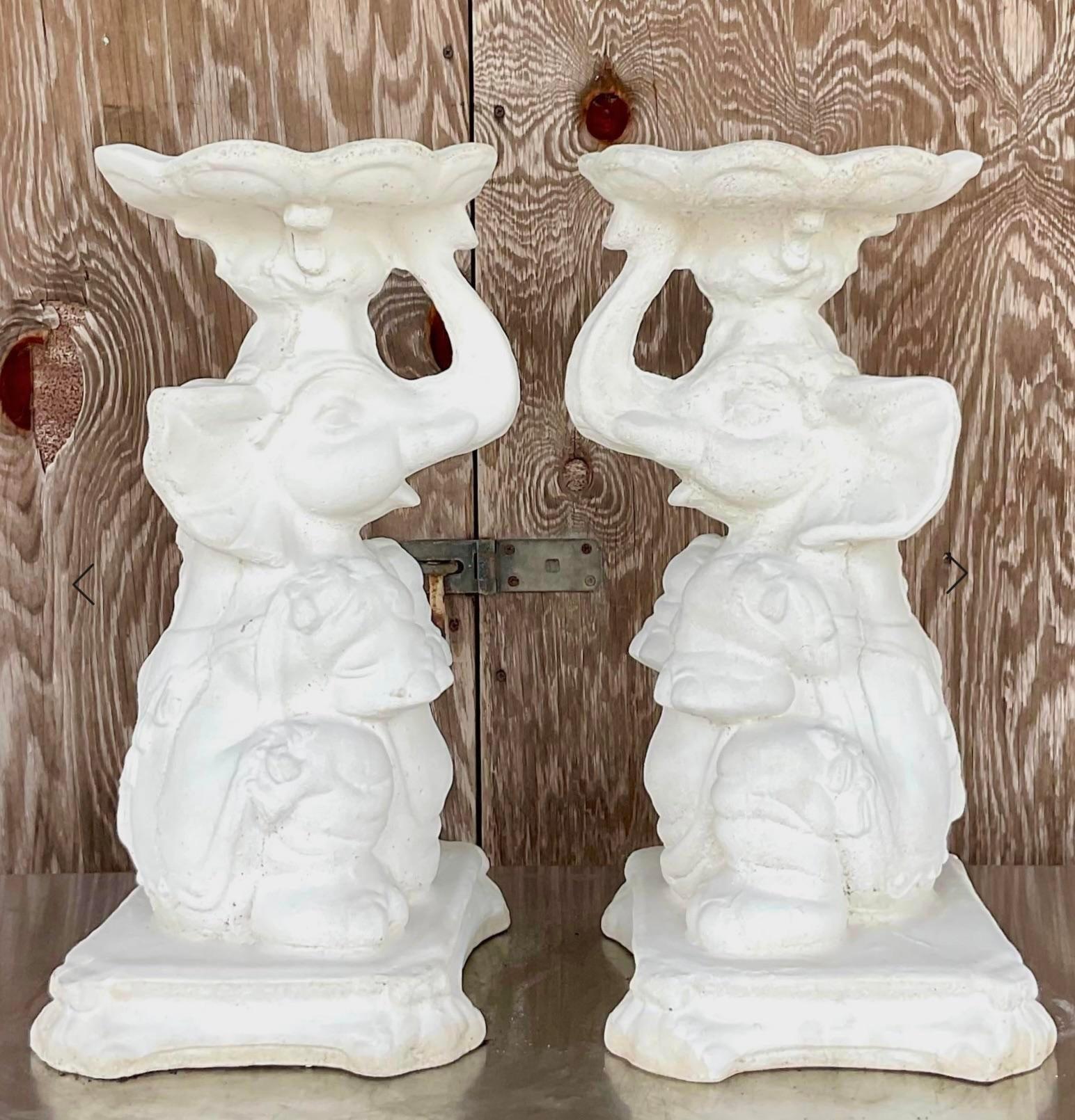 Vintage Boho Cement Elephants - a Pair In Good Condition For Sale In west palm beach, FL