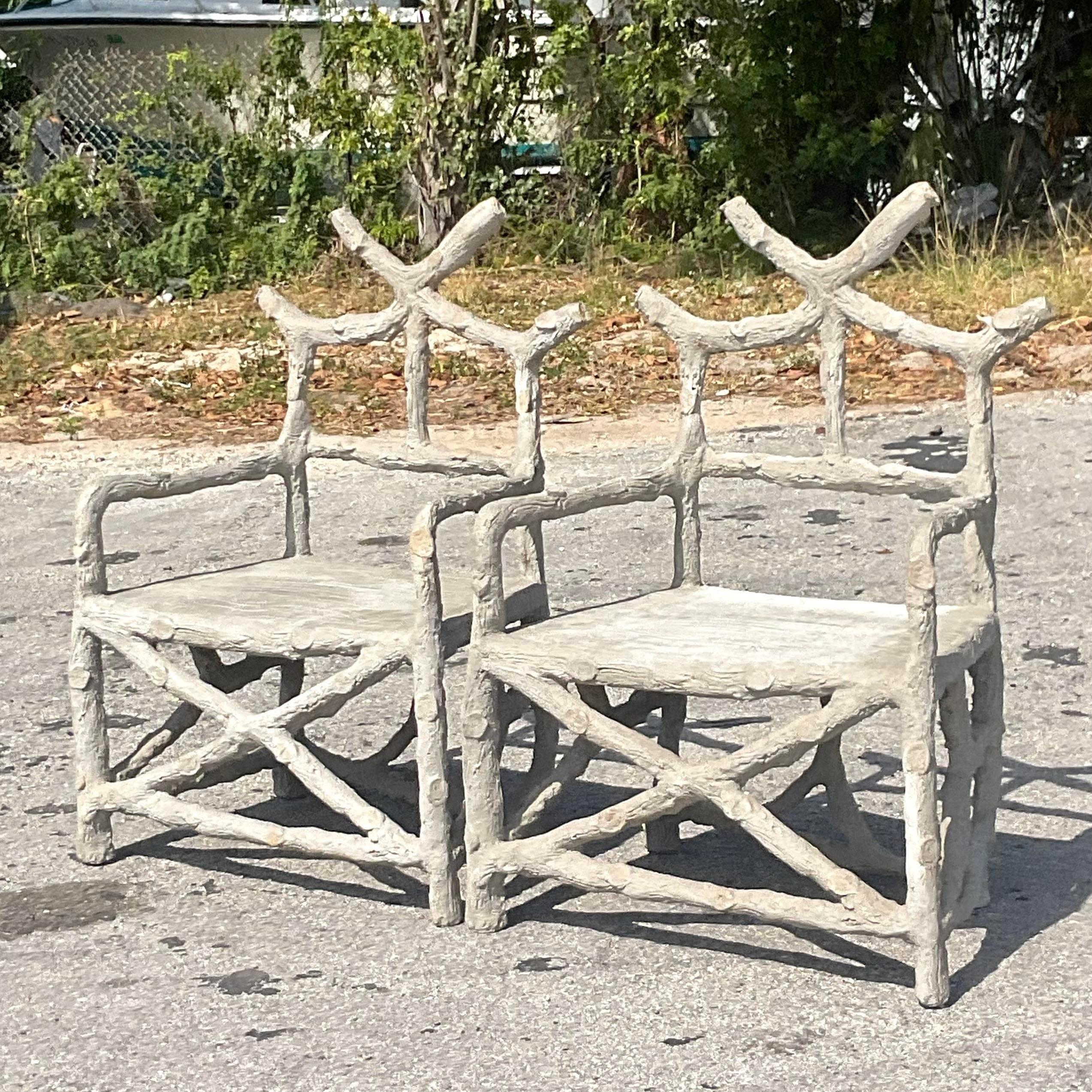 American Vintage Boho Cement Faux Bois Chairs, a Pair