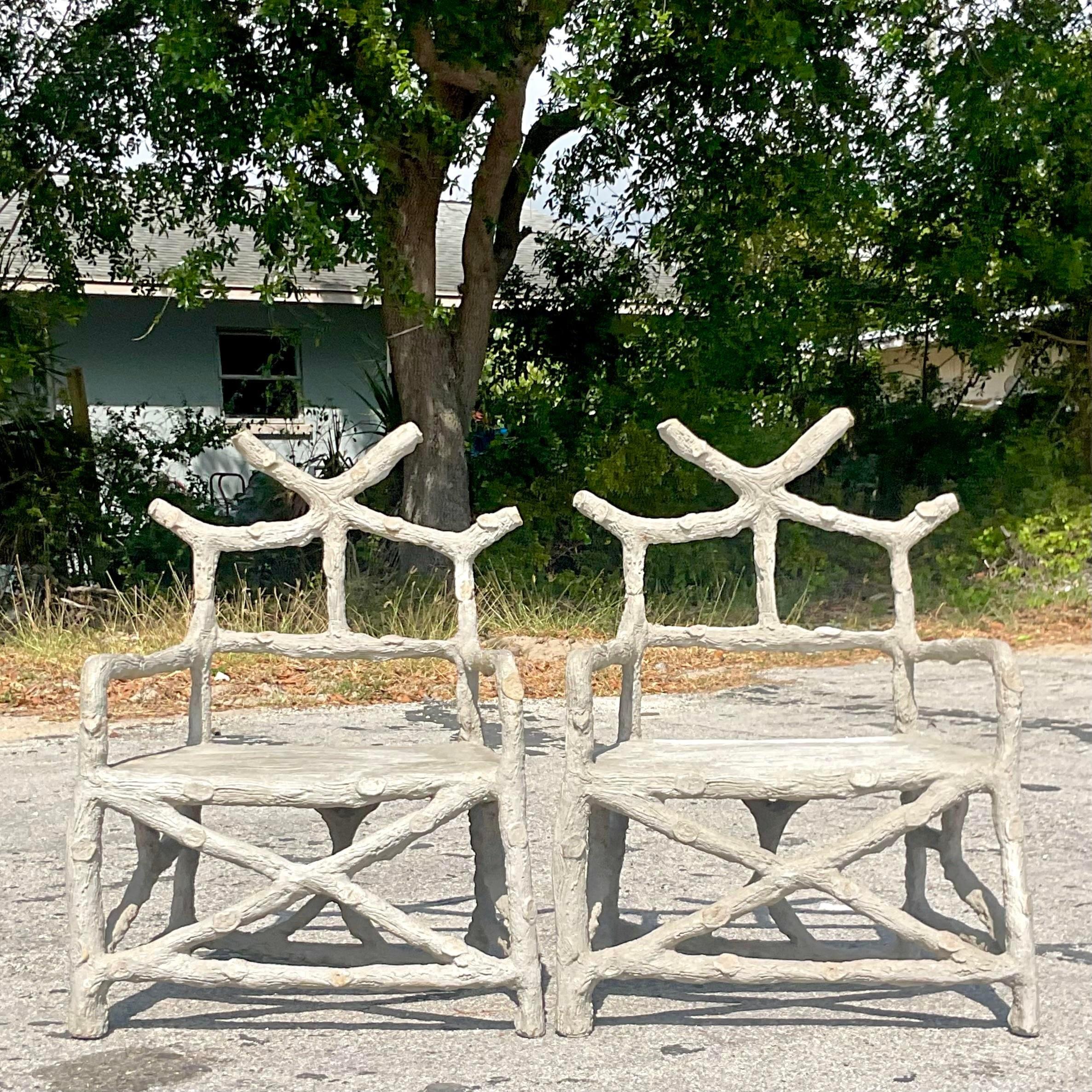 Vintage Boho Cement Faux Bois Chairs, a Pair In Good Condition In west palm beach, FL