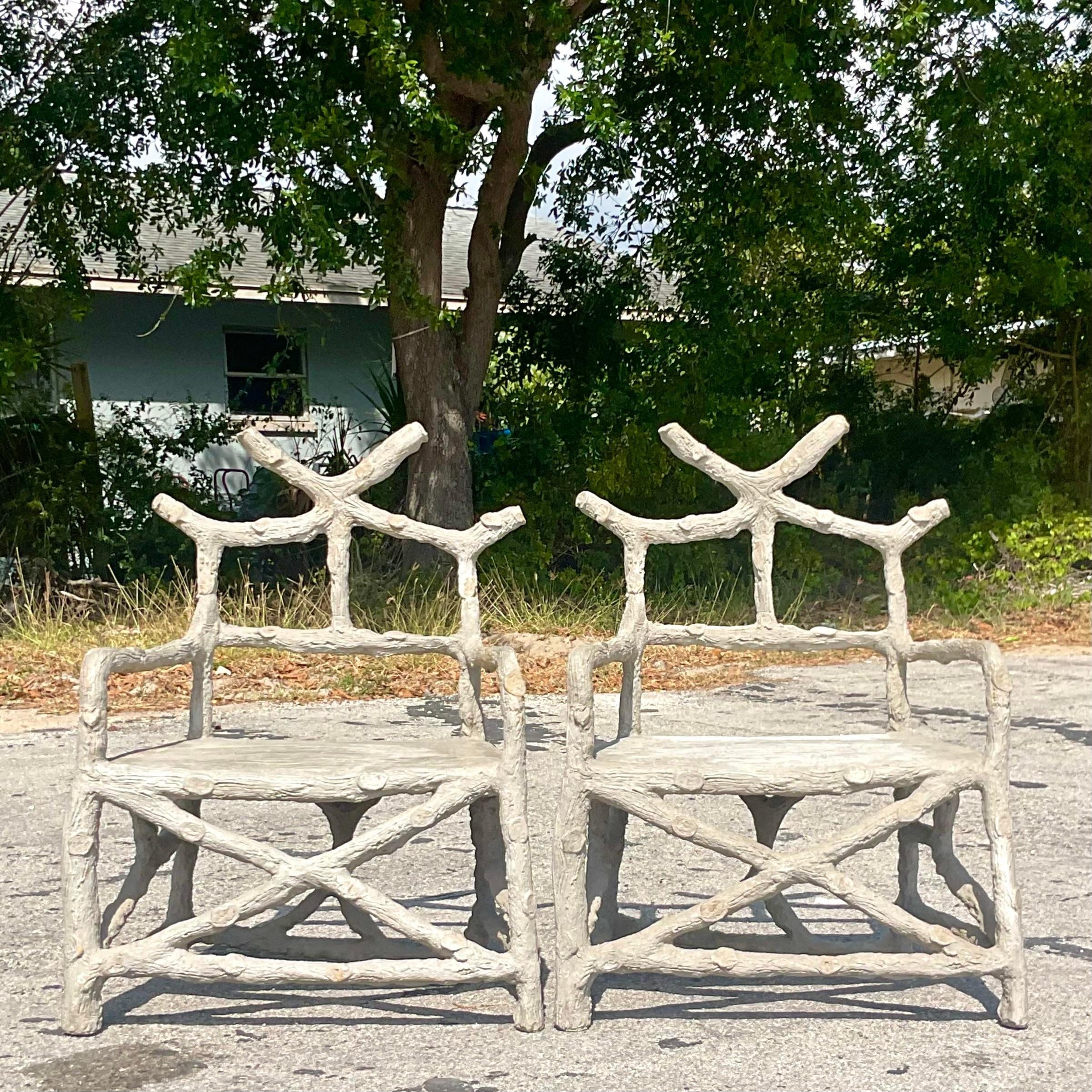 20th Century Vintage Boho Cement Faux Bois Chairs, a Pair