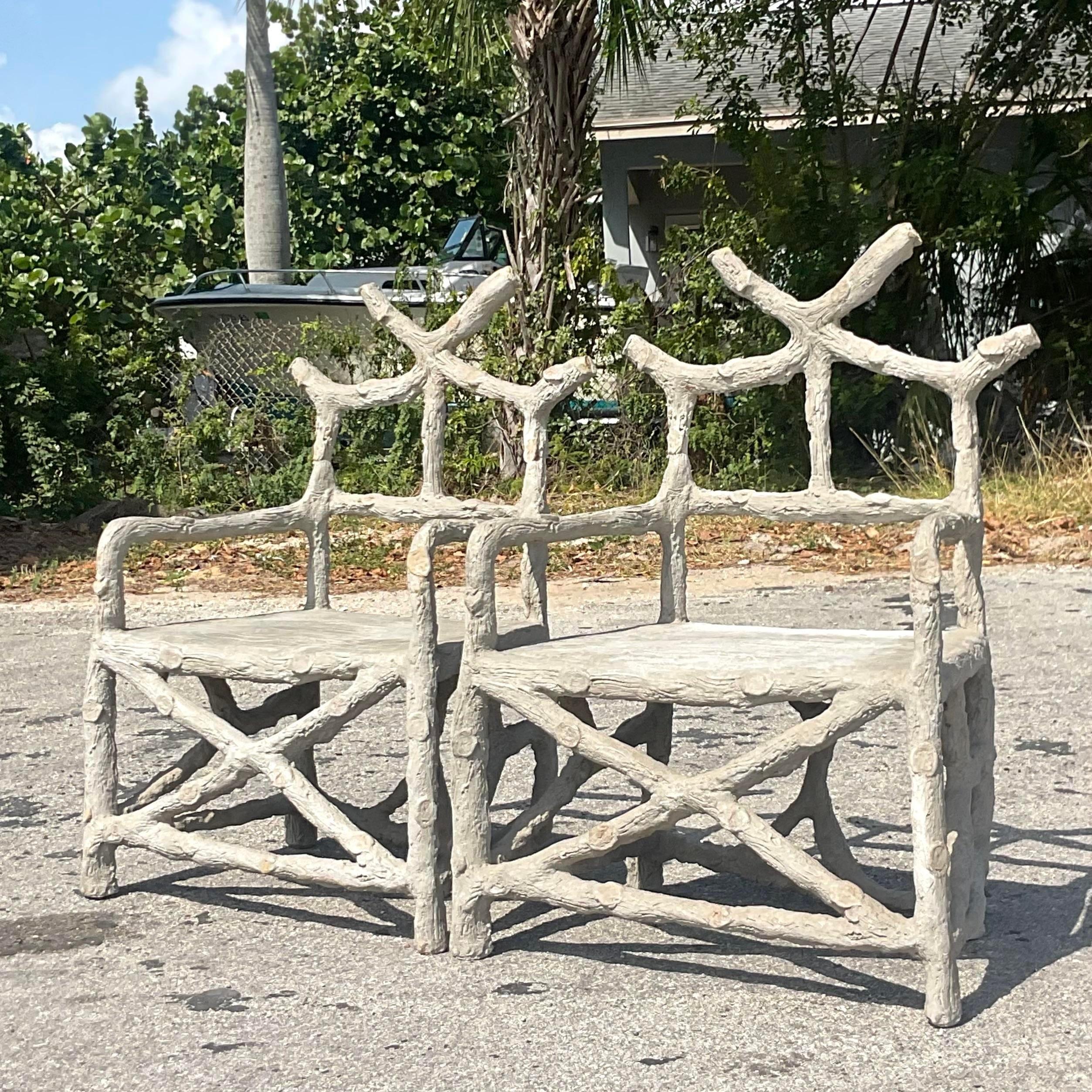 Concrete Vintage Boho Cement Faux Bois Chairs, a Pair