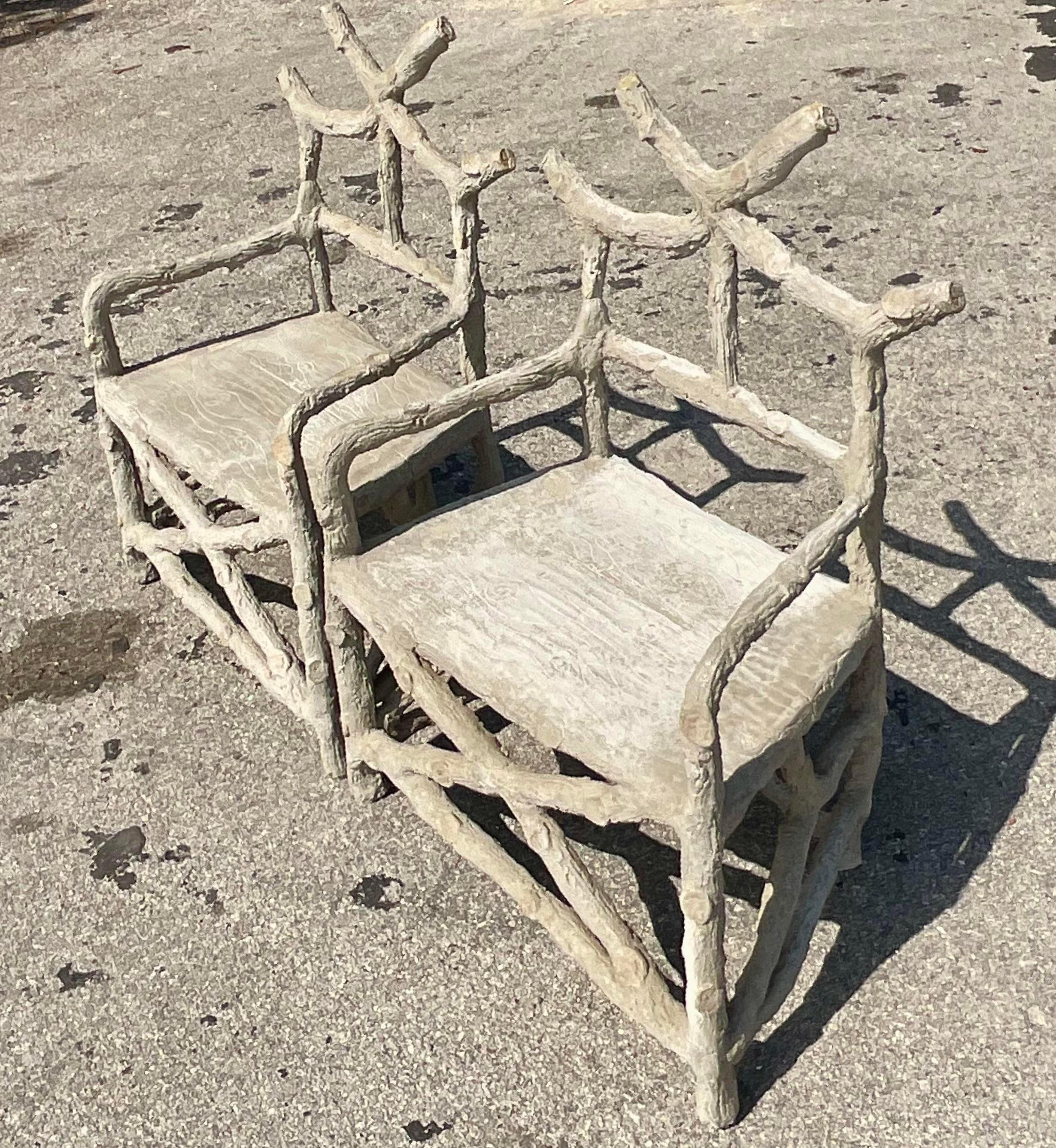 Vintage Boho Cement Faux Bois Chairs, a Pair 1