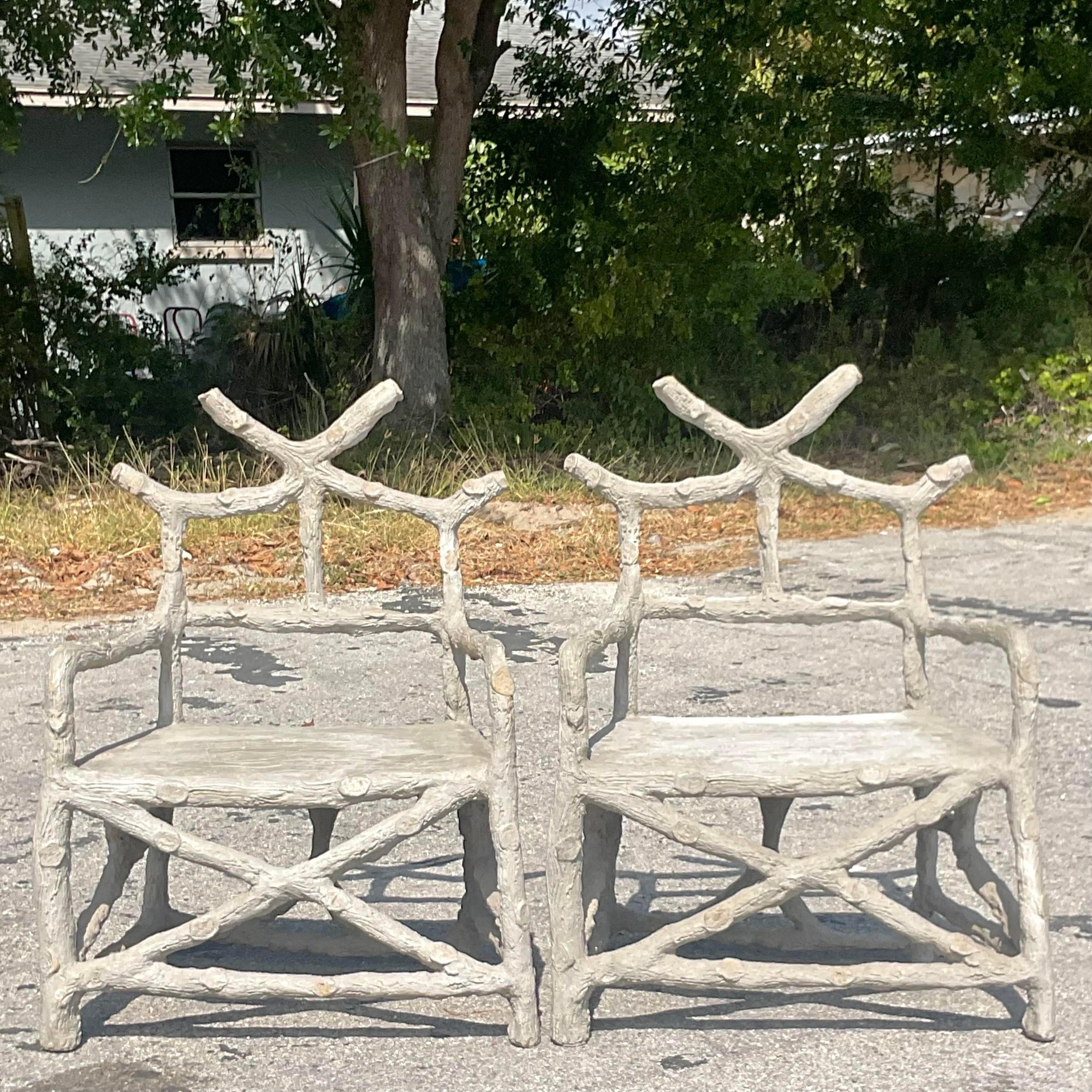 Vintage Boho Cement Faux Bois Chairs, a Pair 2