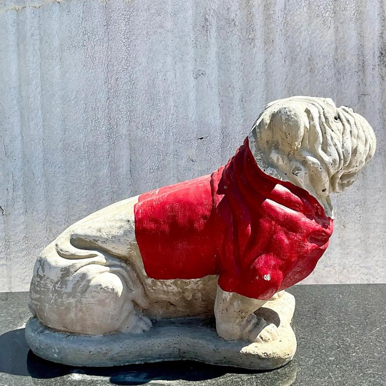 Vintage Boho Cement Bulldog Statue For Sale at 1stDibs