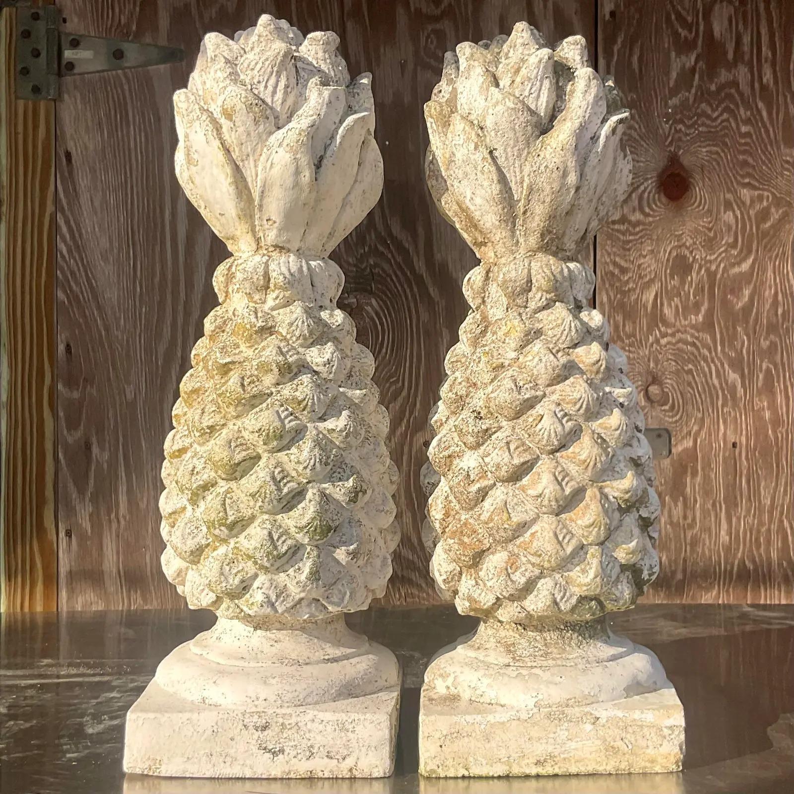Vintage Boho Cement Pineapple Garden Ornament In Good Condition In West Palm Beach, FL