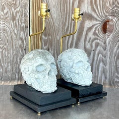 Vintage Boho Cement Skull Lamps - a Pair