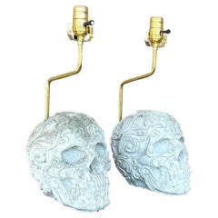 Vintage Boho Cement Skull Lamps - a Pair