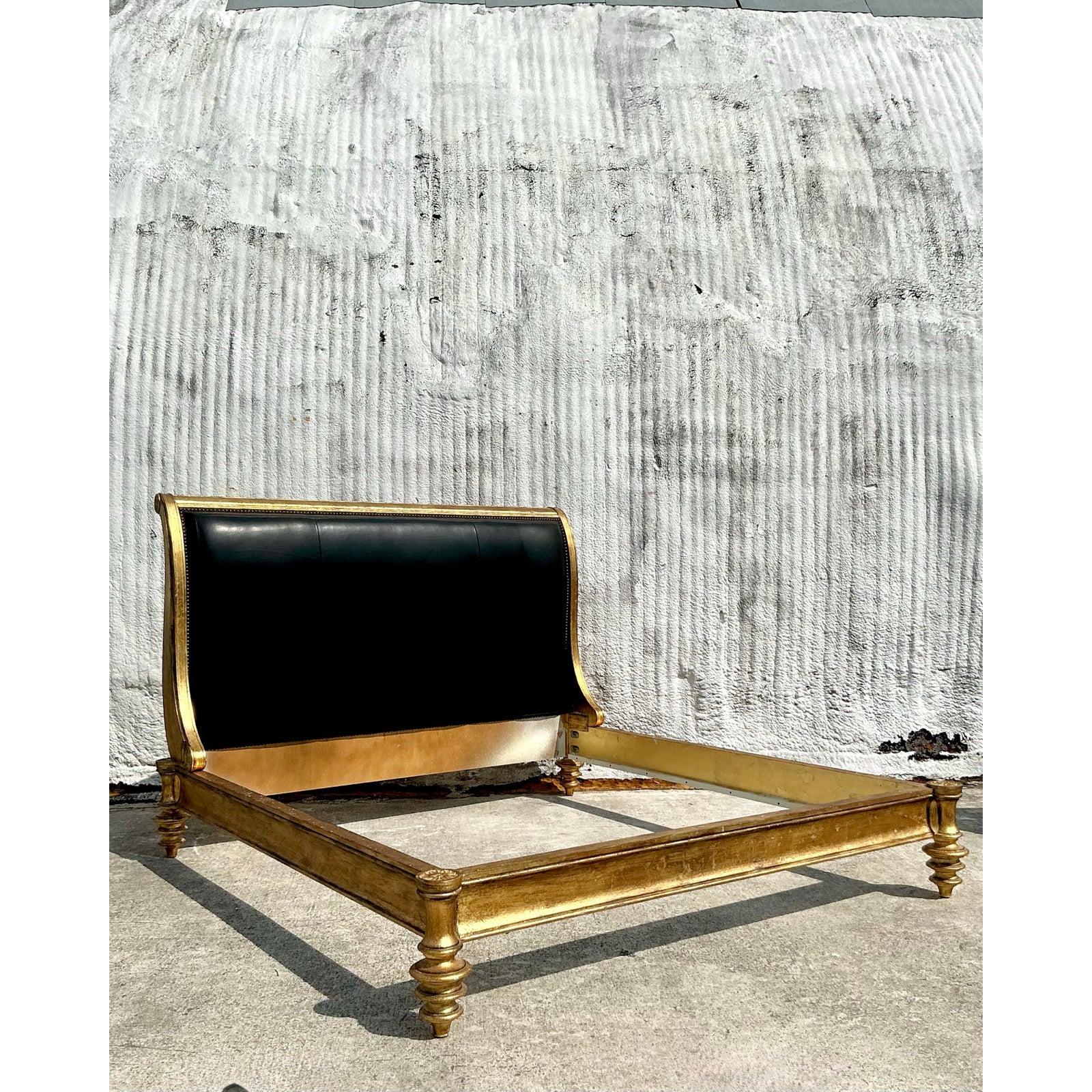 Vintage Boho Century Gilt Wood and Leather King Bedframe 4