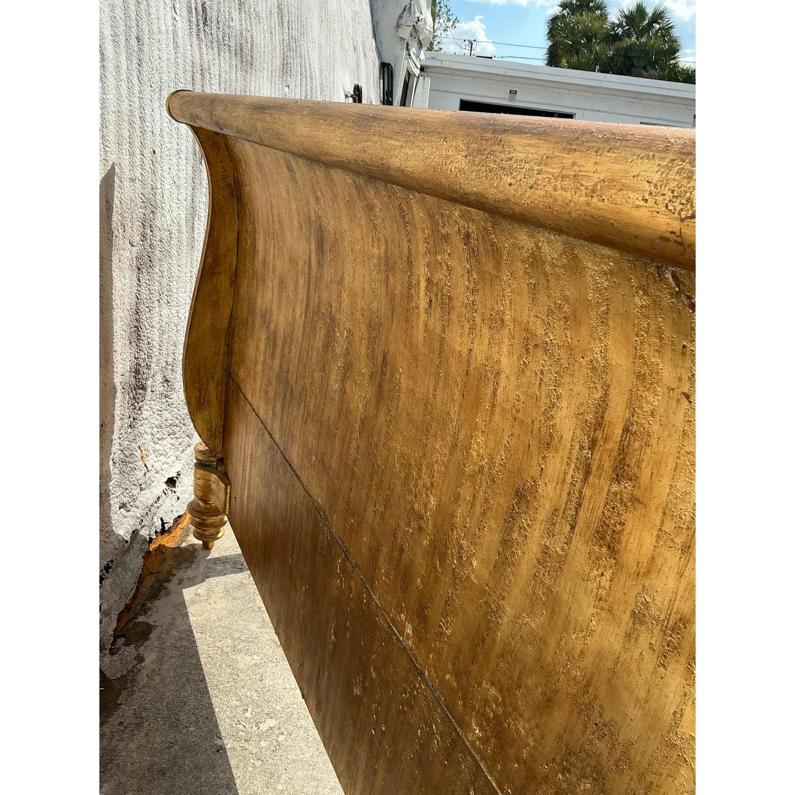 Hollywood Regency Vintage Boho Century Gilt Wood and Leather King Bedframe