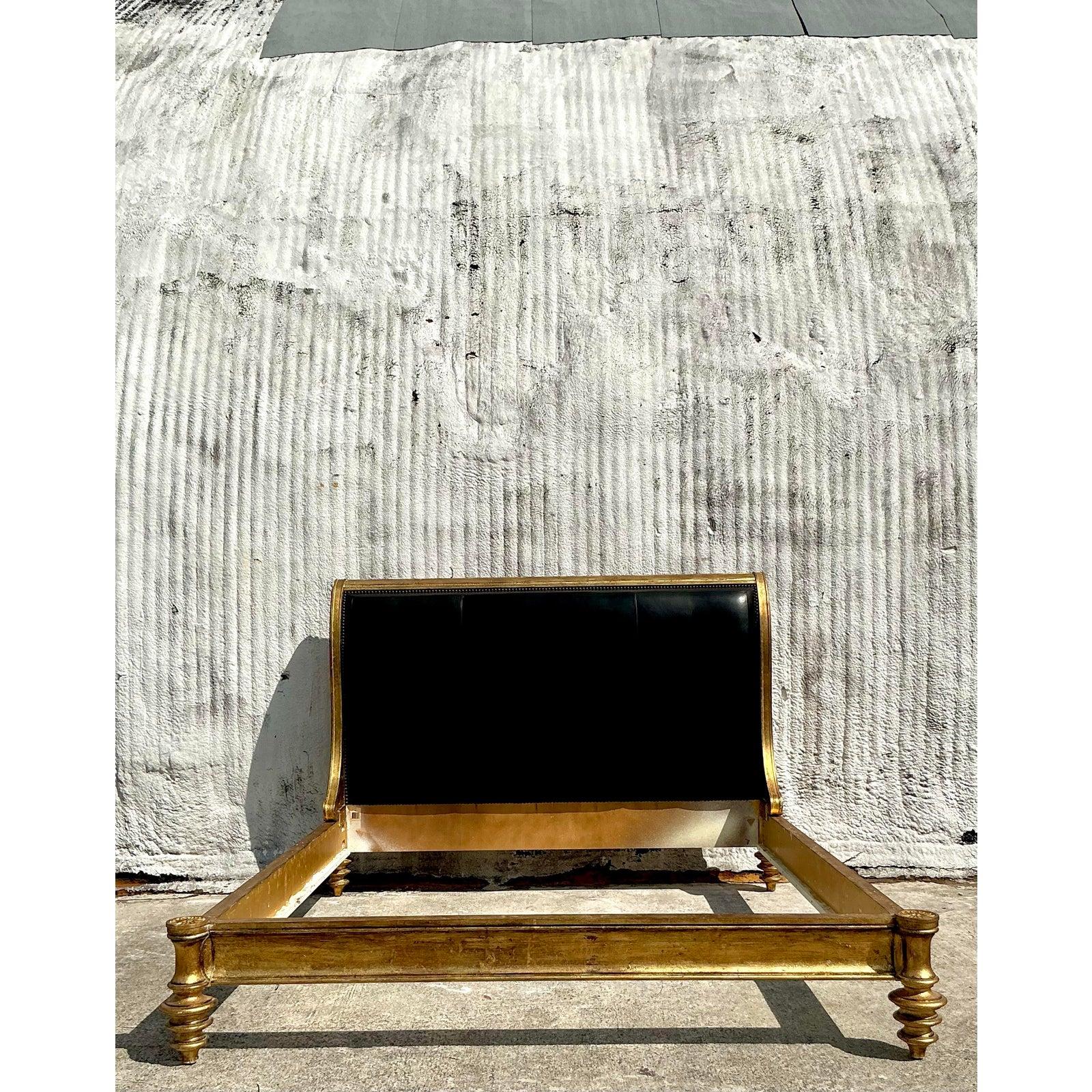 Vintage Boho Century Gilt Wood and Leather King Bedframe In Good Condition In west palm beach, FL