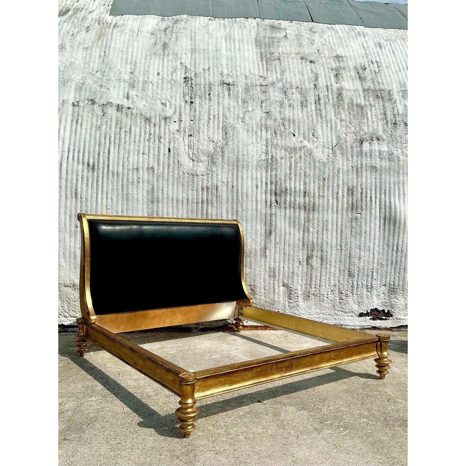 20th Century Vintage Boho Century Gilt Wood and Leather King Bedframe
