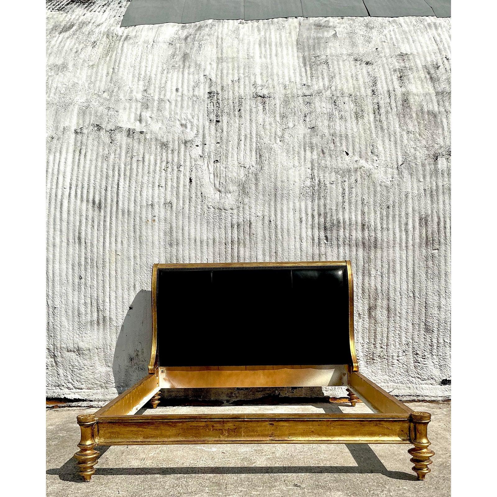Vintage Boho Century Gilt Wood and Leather King Bedframe 2