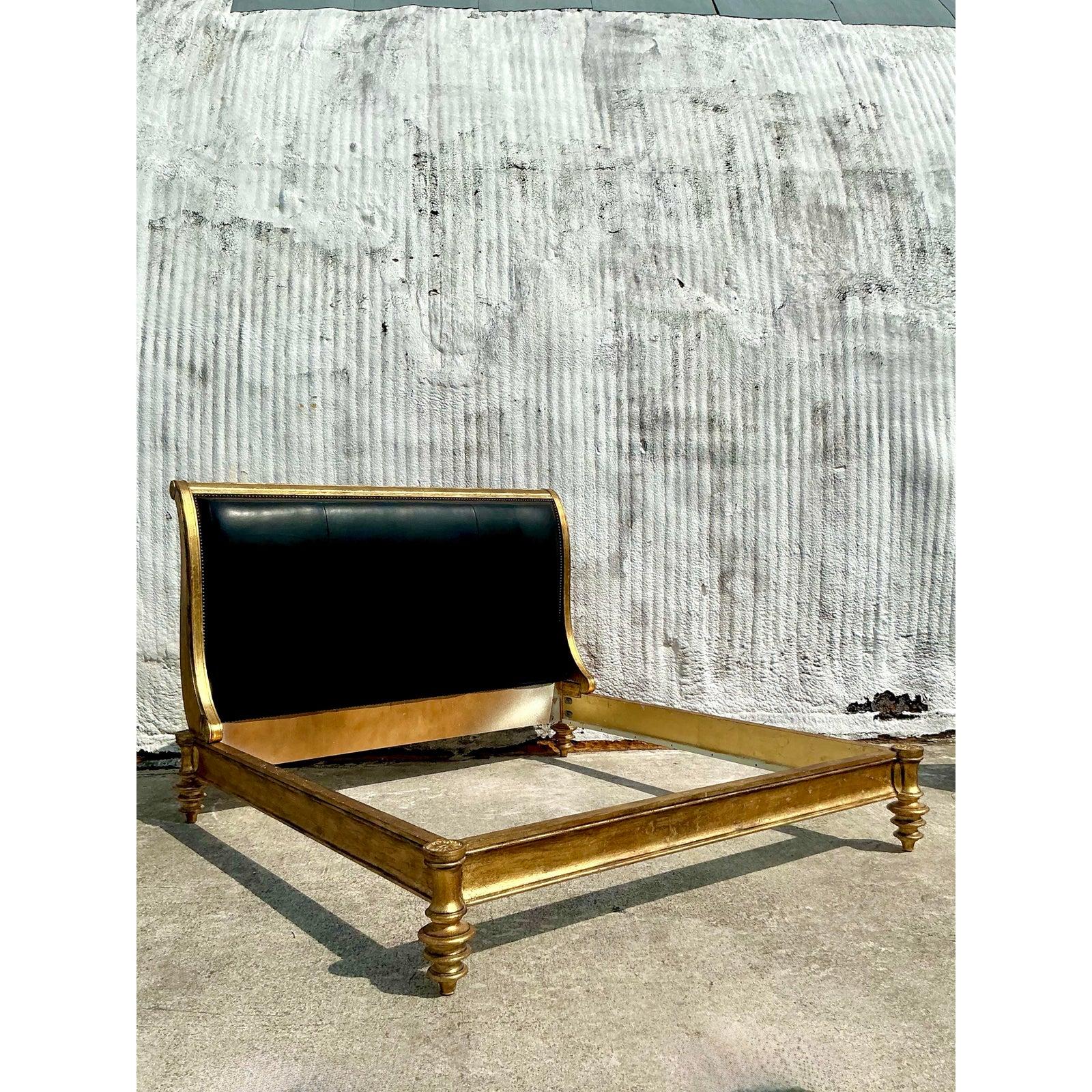 Vintage Boho Century Gilt Wood and Leather King Bedframe 3