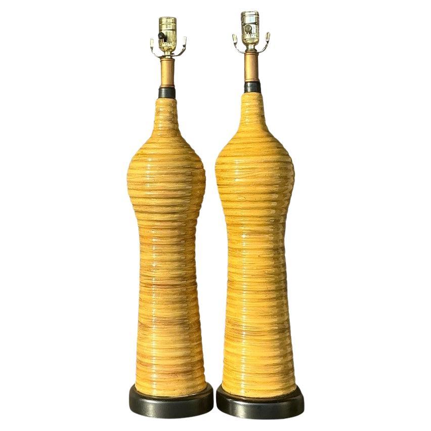 Vintage Boho Ceramic Stacked Rattan Lamps - a Pair