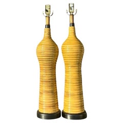 Vintage Boho Ceramic Stacked Rattan Lamps - a Pair