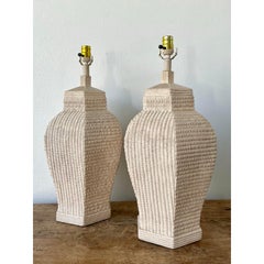 Vintage Boho Ceramic Woven Rattan Lamps - A Pair