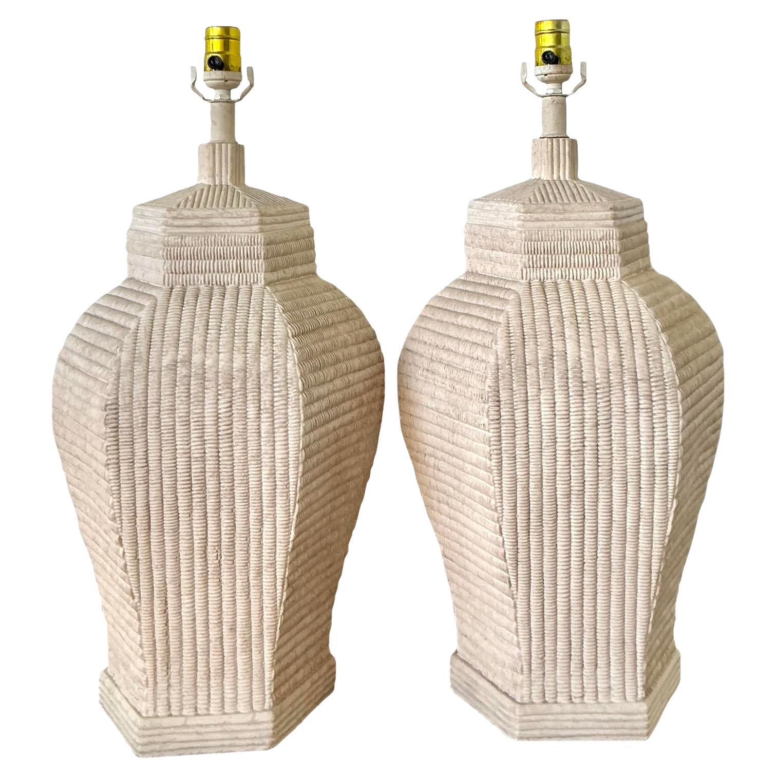 Vintage Boho Ceramic Woven Rattan Lamps - A Pair For Sale