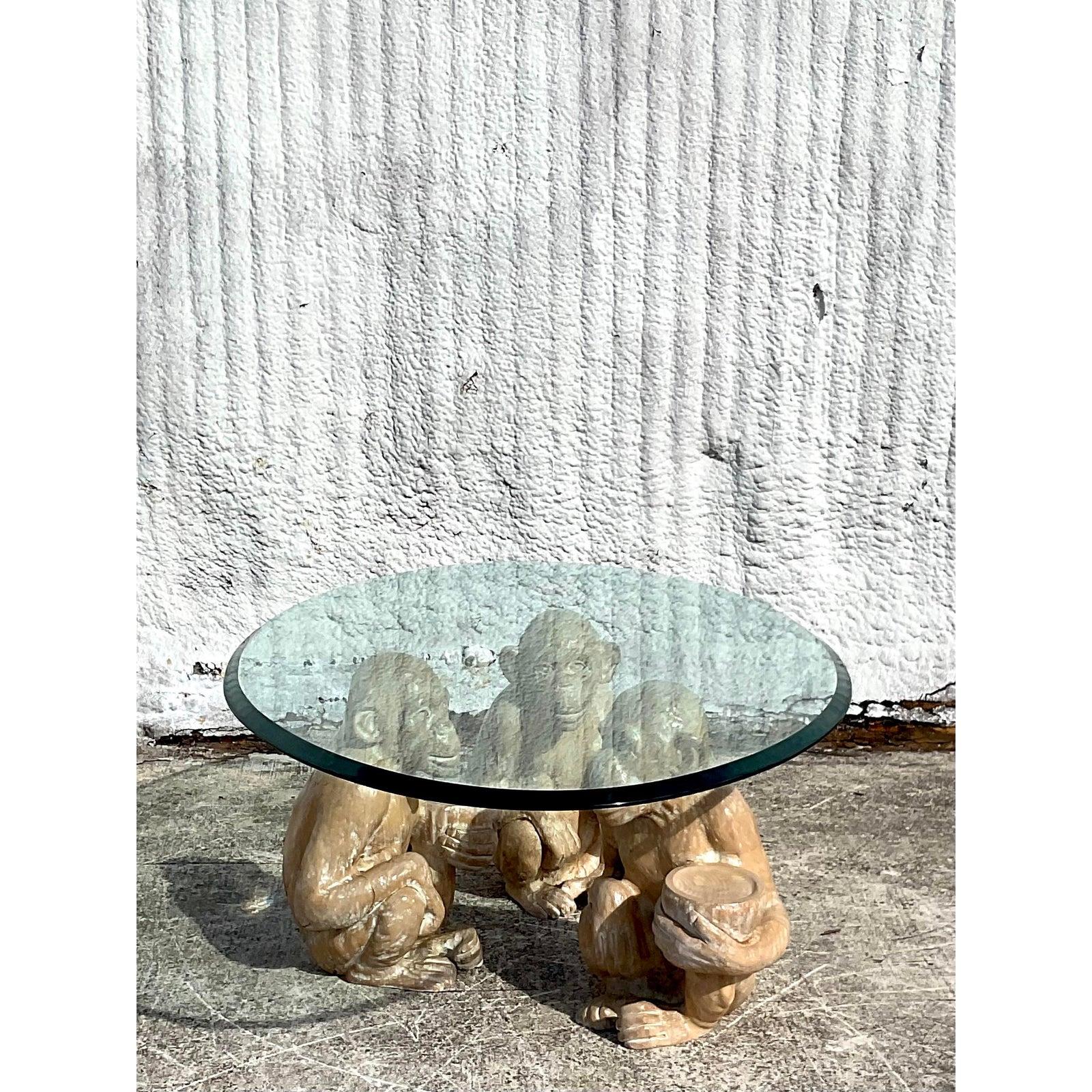 North American Vintage Boho Cerused Carved Monkey Coffee Table