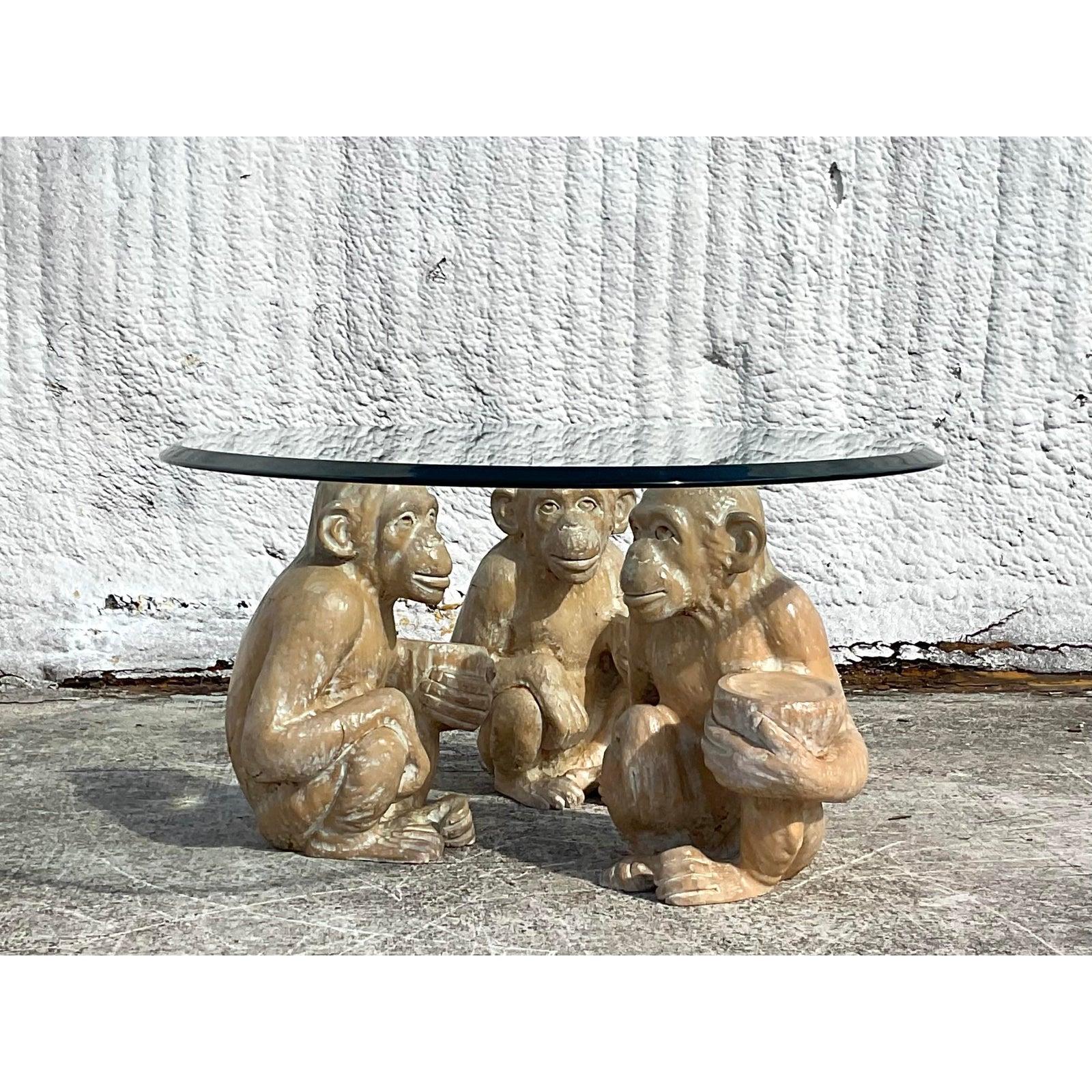 Vintage Boho Cerused Carved Monkey Coffee Table In Good Condition In west palm beach, FL